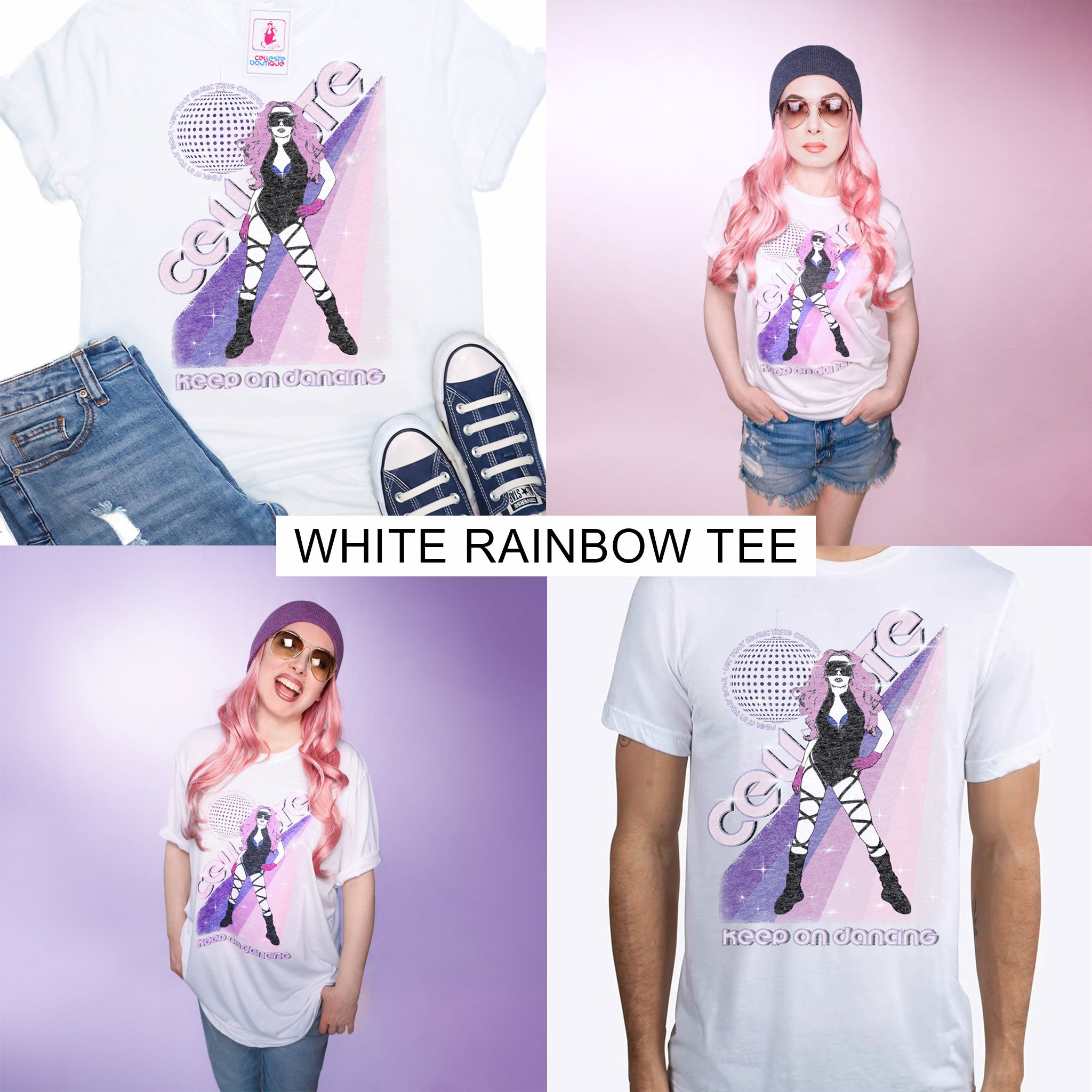 Celleste Keep On Dancing Poster Tee. White tee with rainbow and Celleste silhouette logo.
