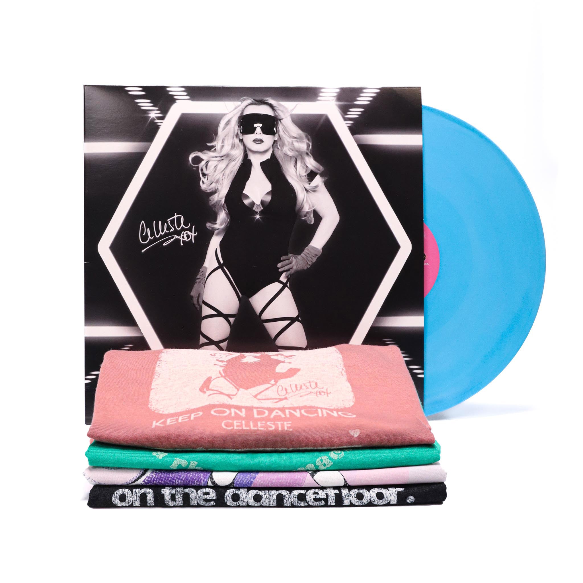 Celleste music and tee bundle, featuring a vinyl and 4 options of tees.