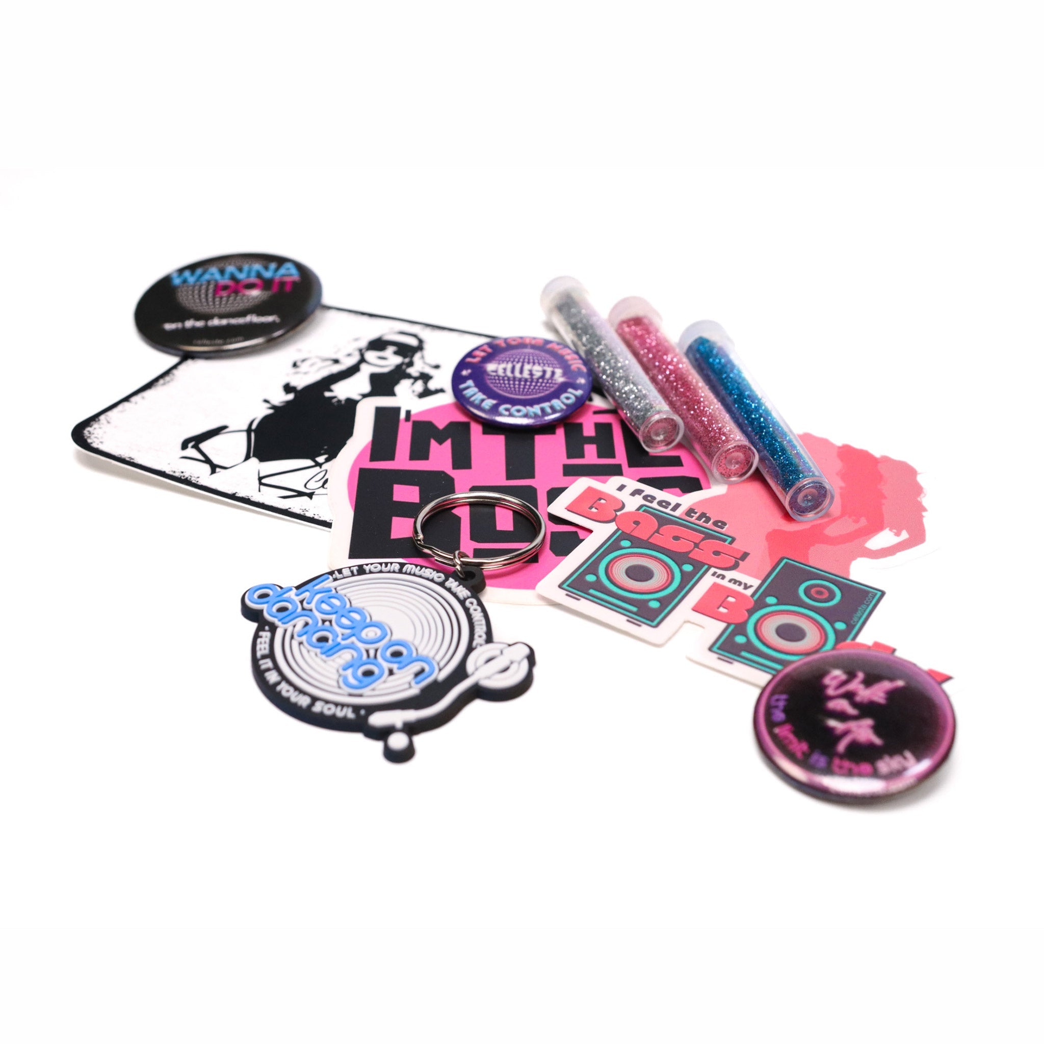 Celleste Goodies Bundle featuring stickers, buttons, glitter and a keychain.