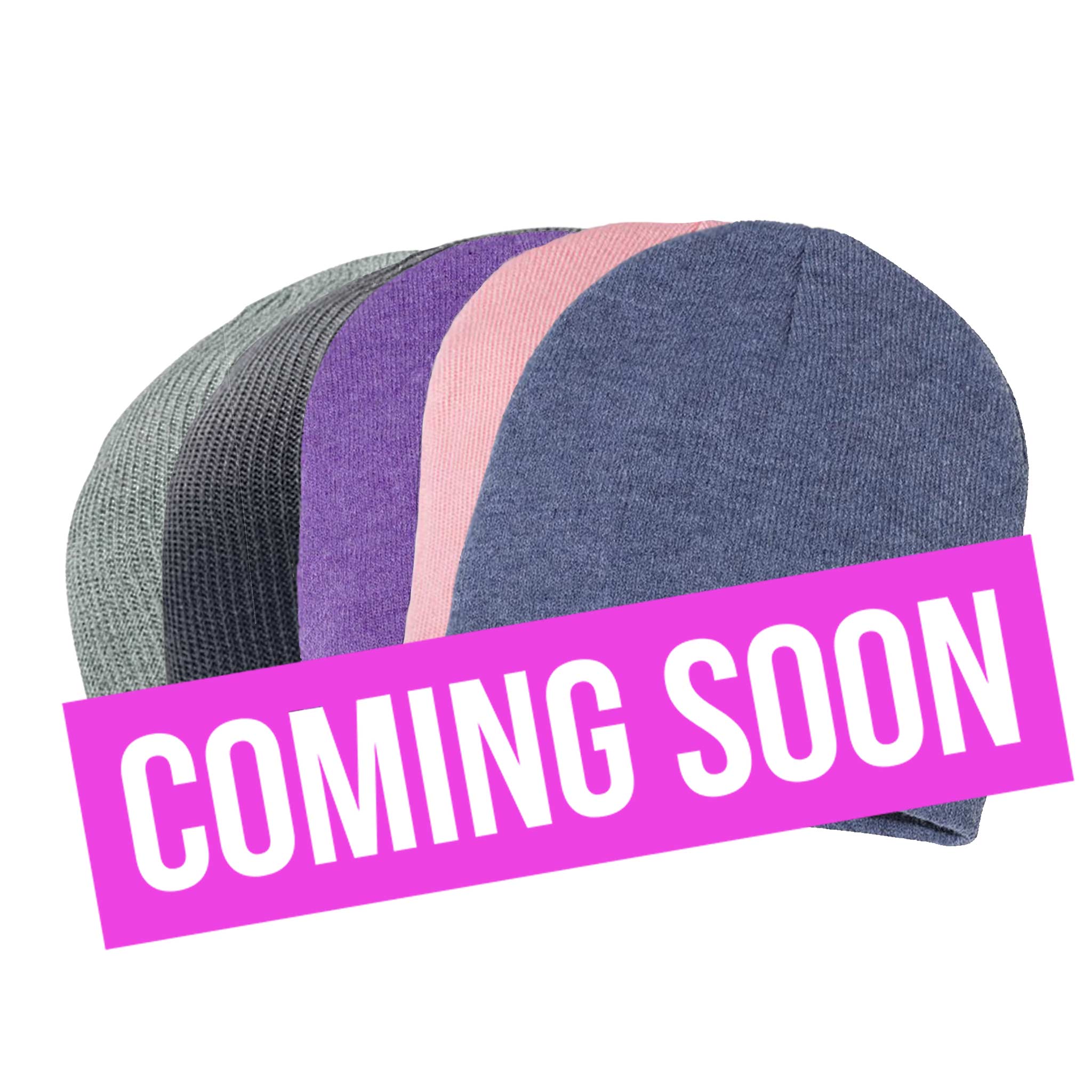 Beanies with text saying "Coming soon"