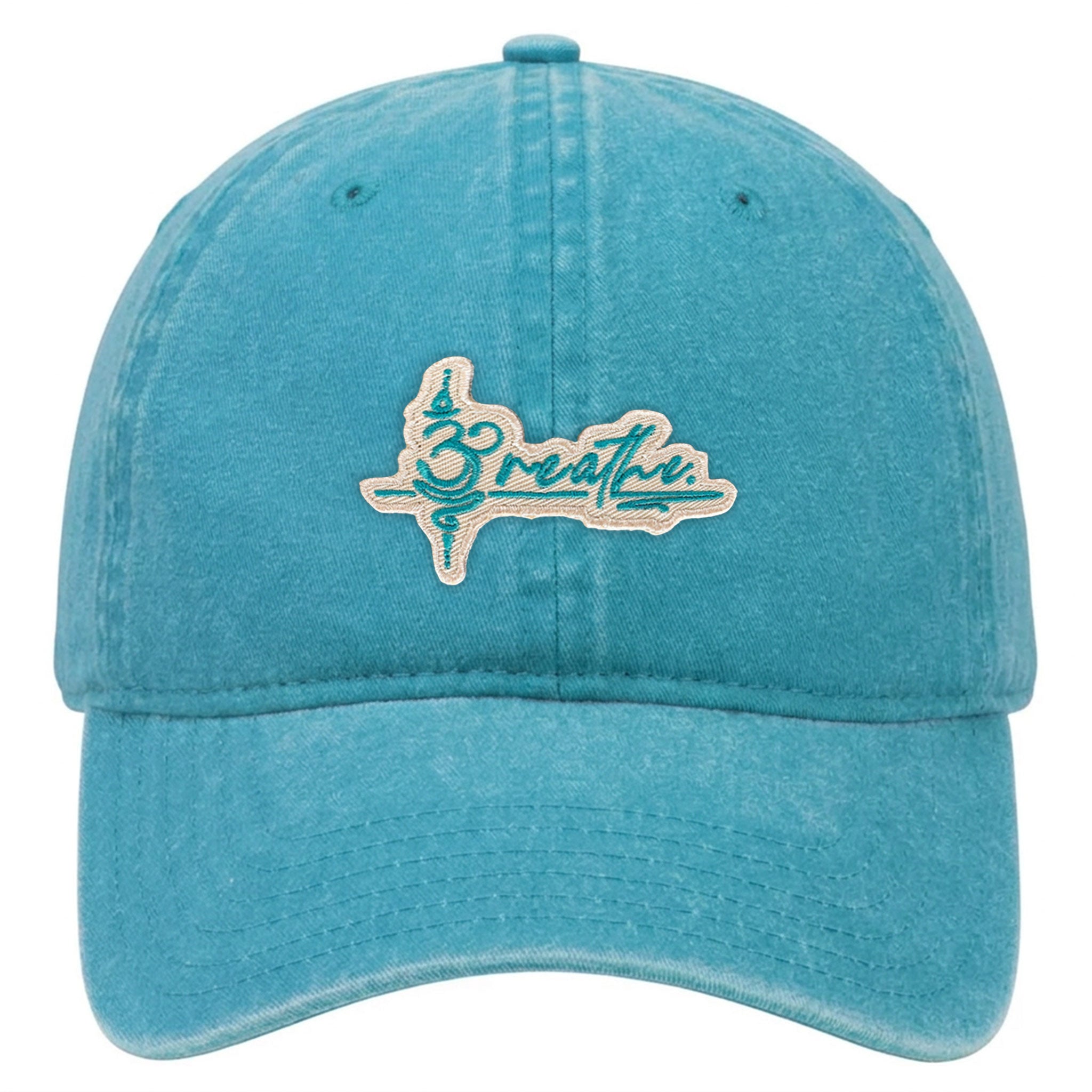 Breathe Aqua Dad Hat, with embroidered white and aqua "Breathe" patch. Front view.
