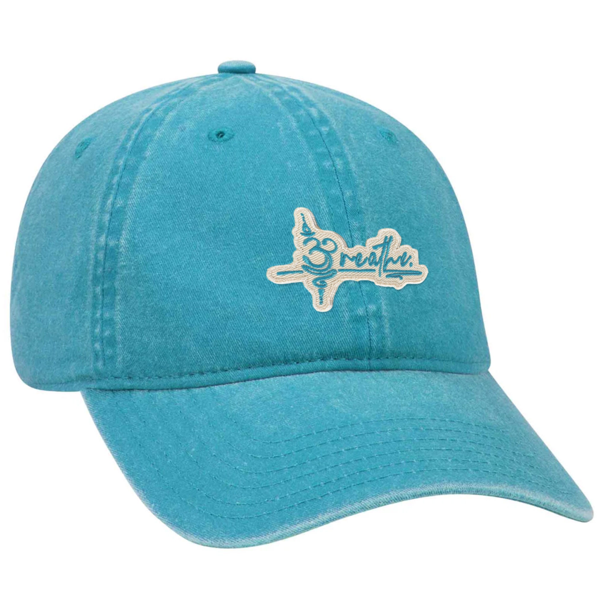 Breathe Aqua Dad Hat, with embroidered white and aqua "Breathe" patch. Side view.
