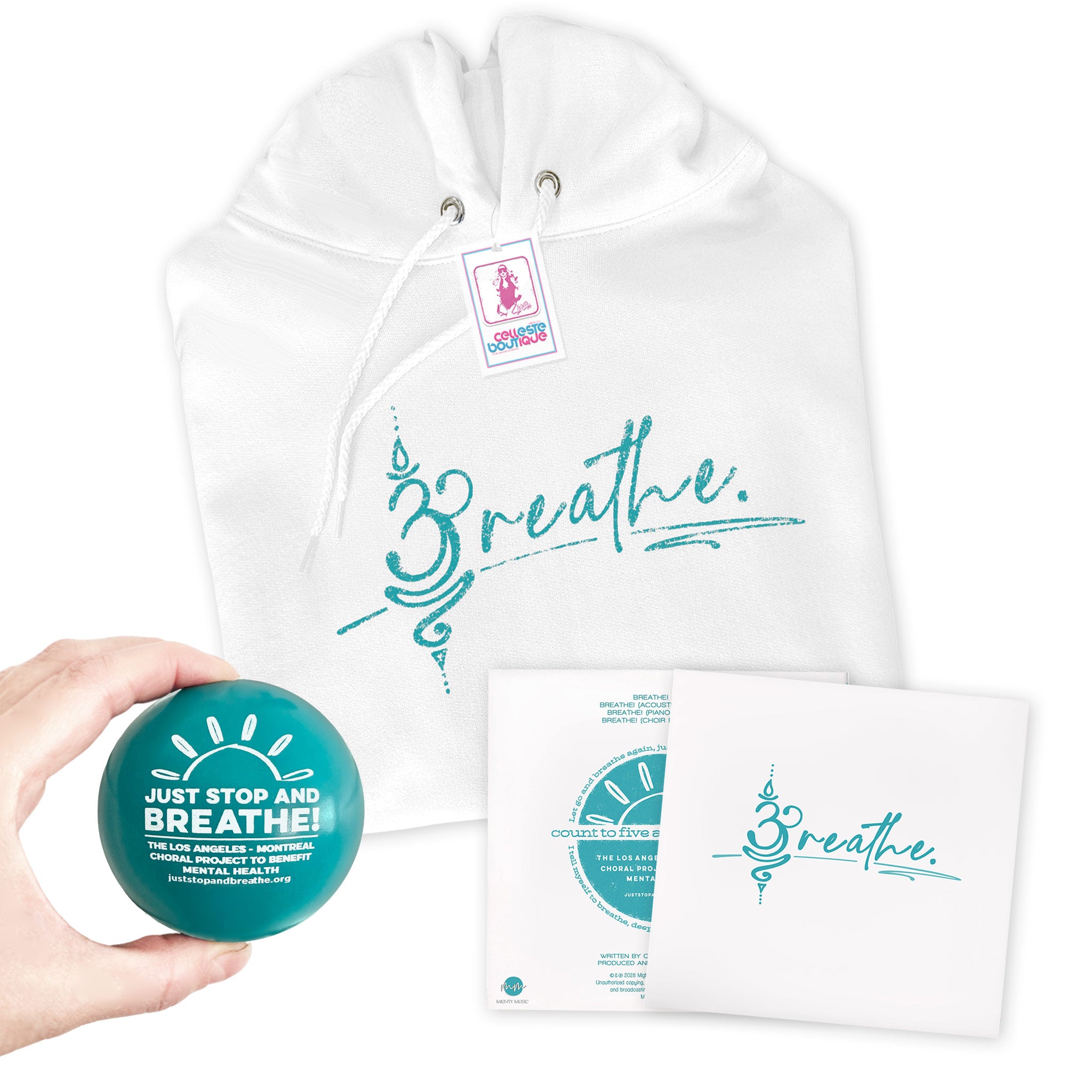 Bundle. Breathe CD, white Hoodie with teal logo, and teal anti-stress ball with white logo.