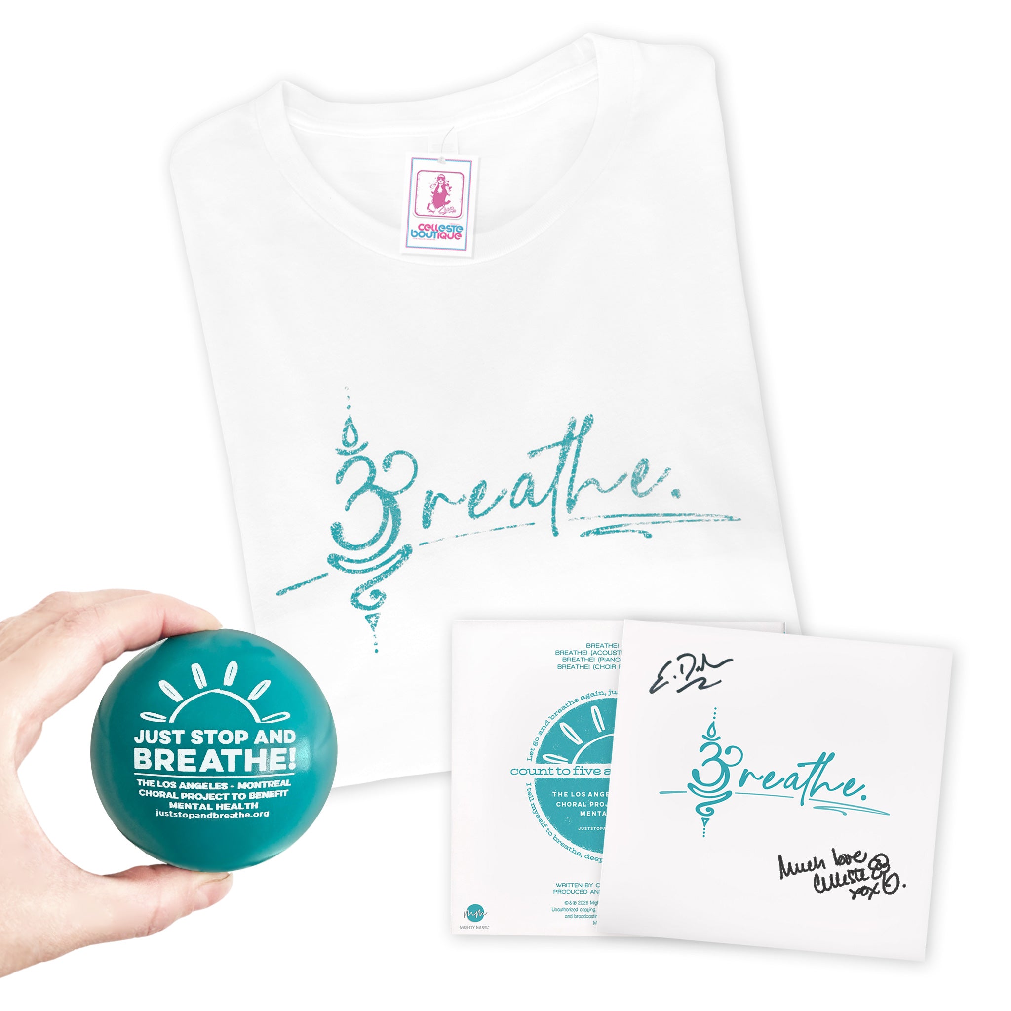 Bundle. Breathe CD (Deluxe autographed), white tee with teal logo, and teal anti-stress ball with white logo.