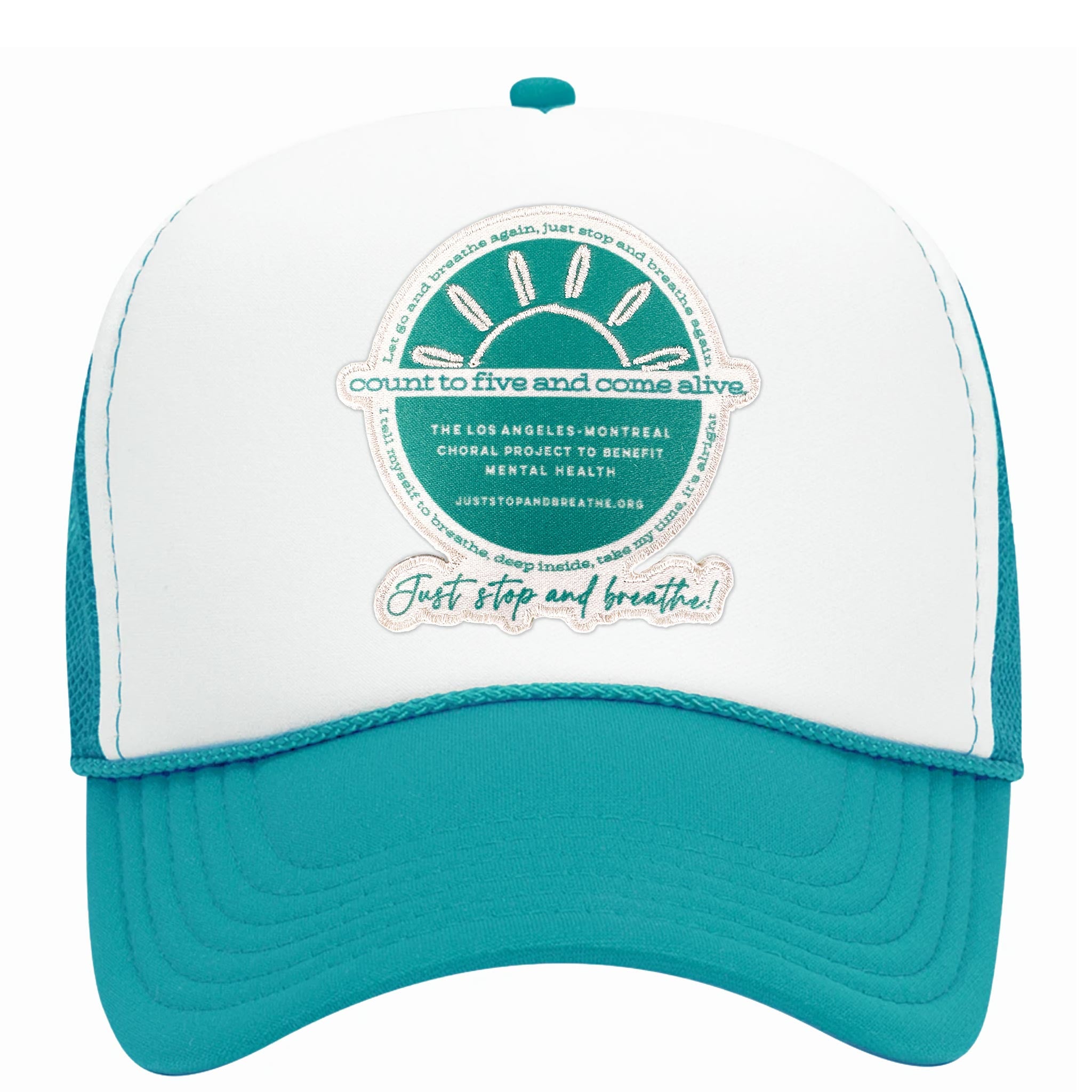 Breathe Teal/White Trucker Hat, with embroidered white and teal "Breathe" patch. Front view.