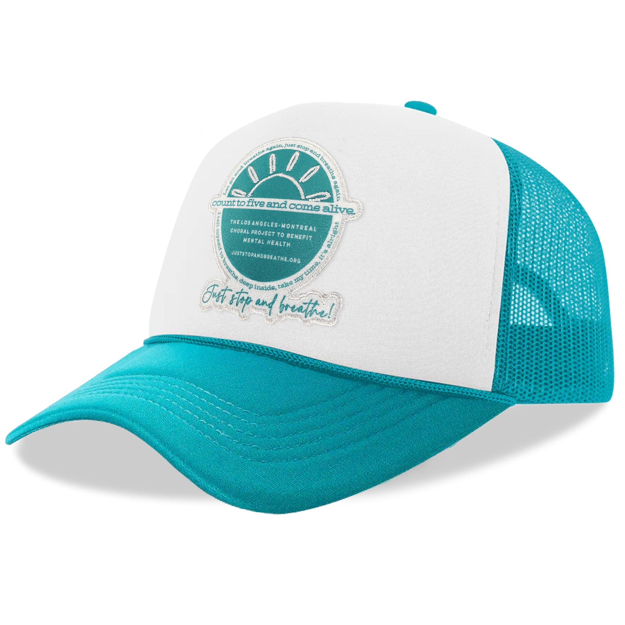 Breathe Teal/White Trucker Hat, with embroidered white and teal "Breathe" patch. Mesh back. Side view.