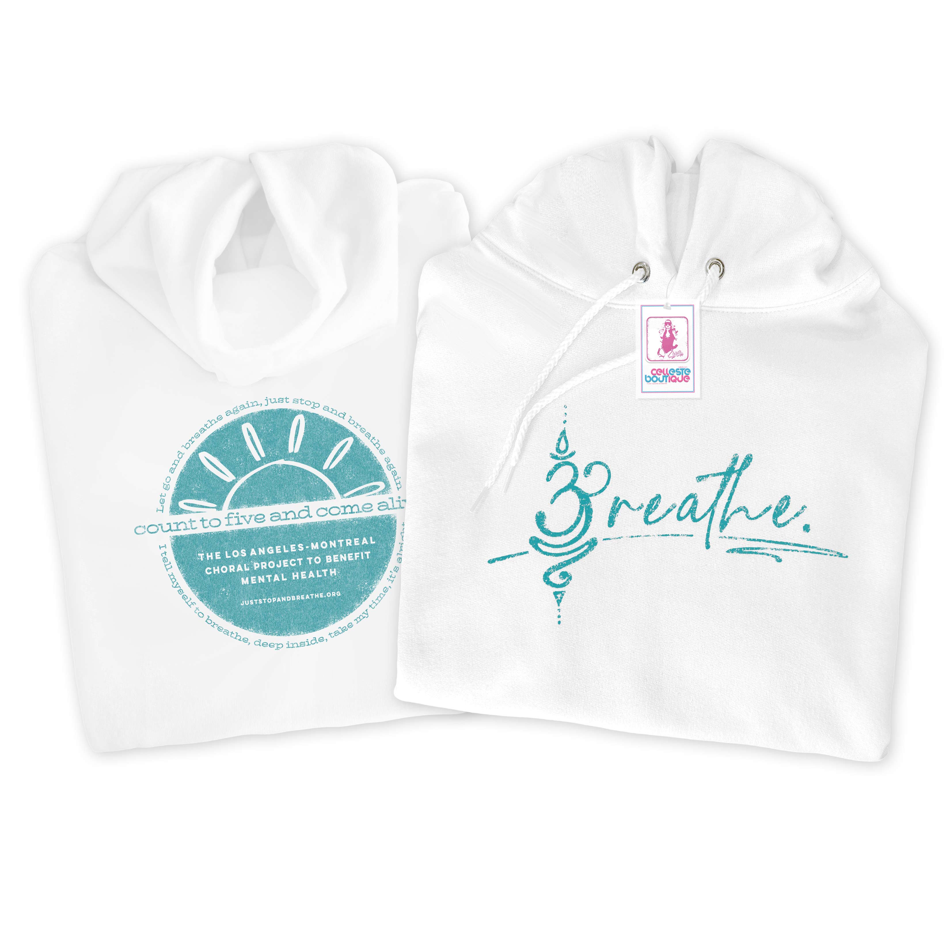 Breathe White Hoodie with teal front and back logos.