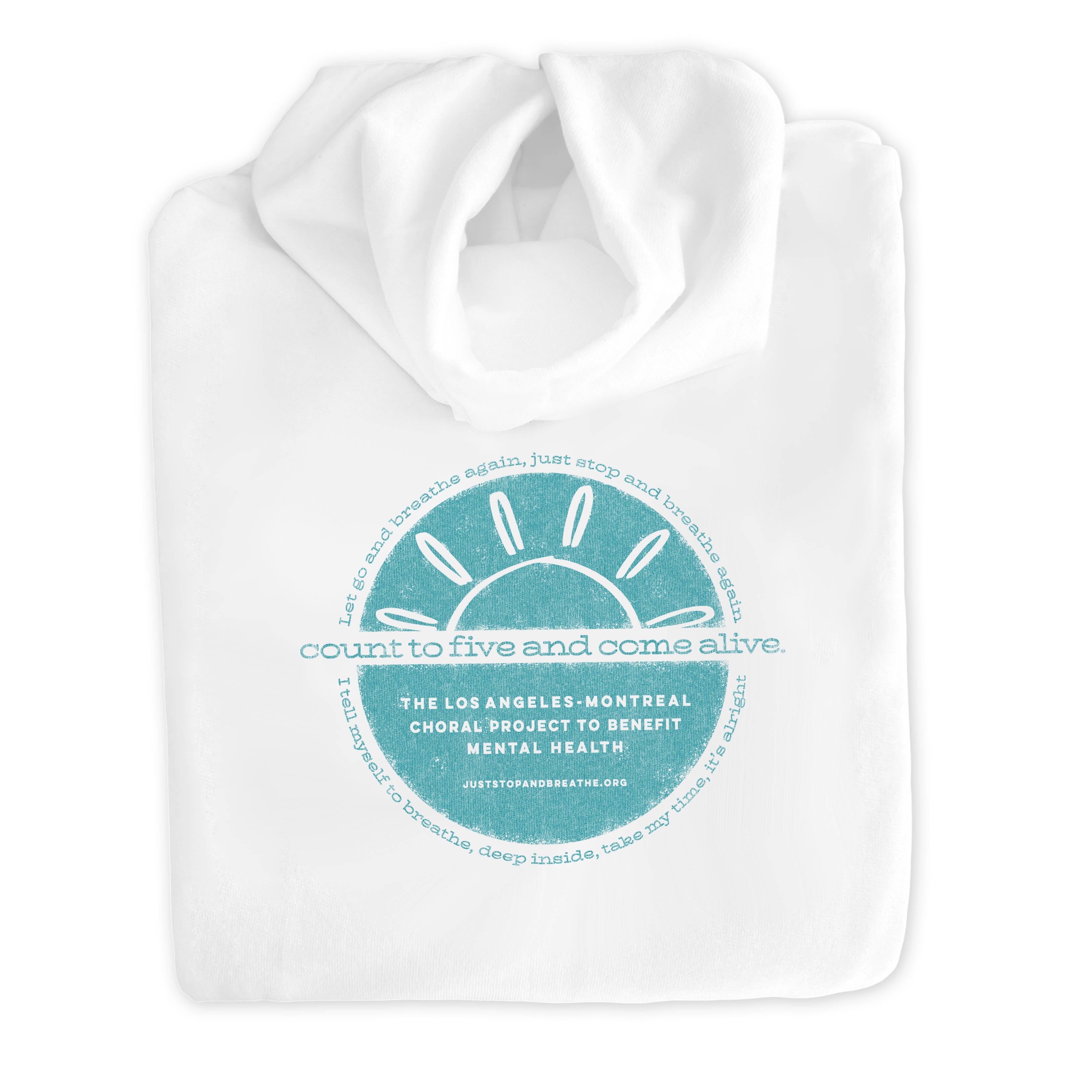 Breathe White Hoodie with teal logo. Back view.