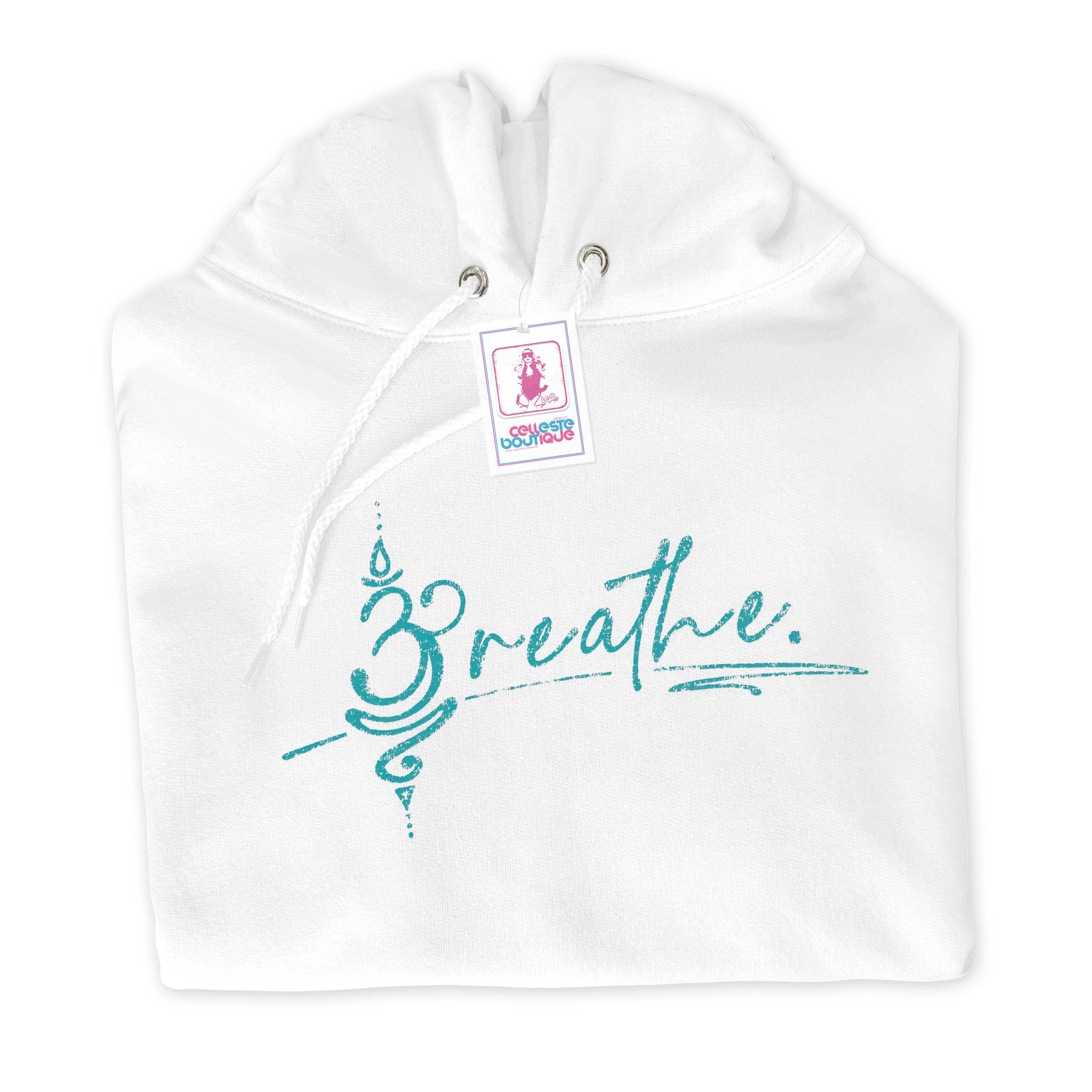 Breathe White Hoodie with teal logo. Front view.