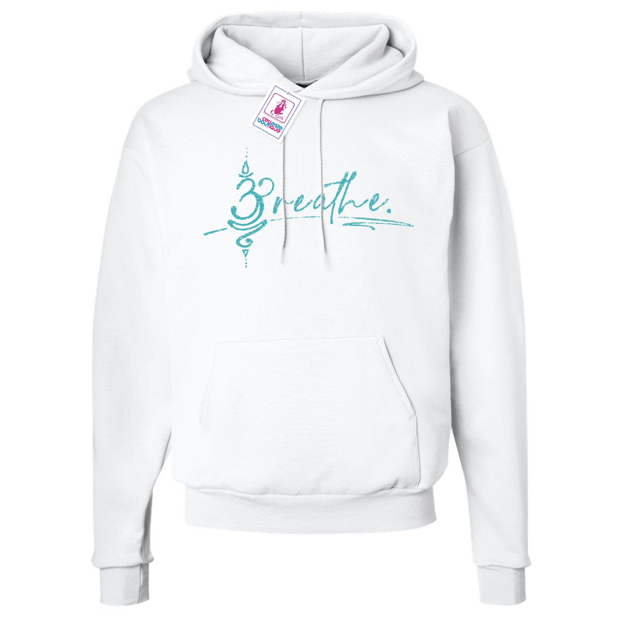 Breathe White Hoodie with teal logo. Front view.