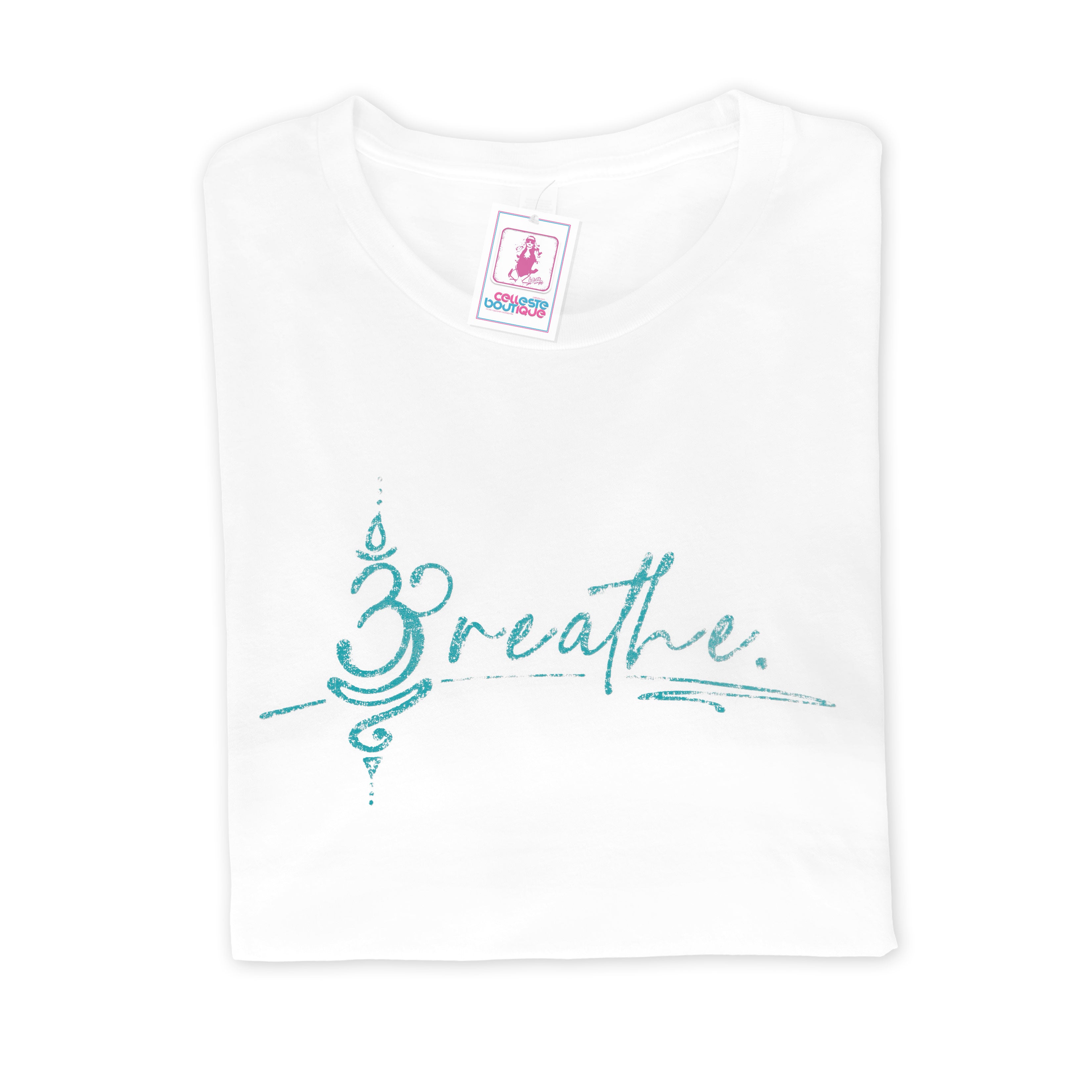 Breathe White Tee with teal logo.