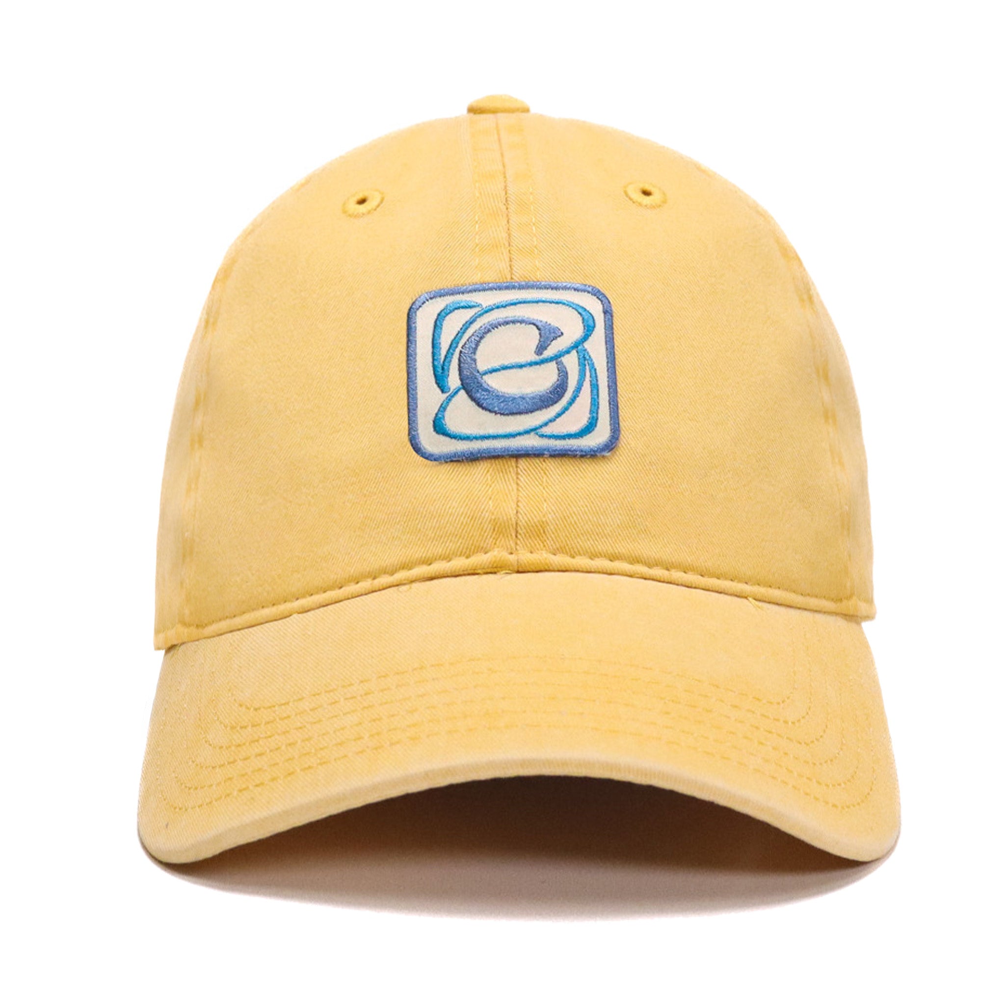 Celleste Yellow Dad Hat with blue and white C logo. Front view.