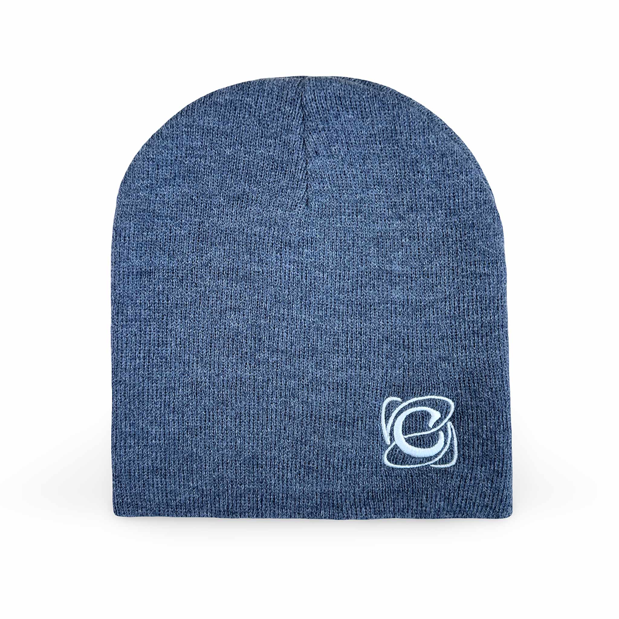 Celleste Heather Navy shorty beanie hat, with white "C" embroidered logo on the left side. 