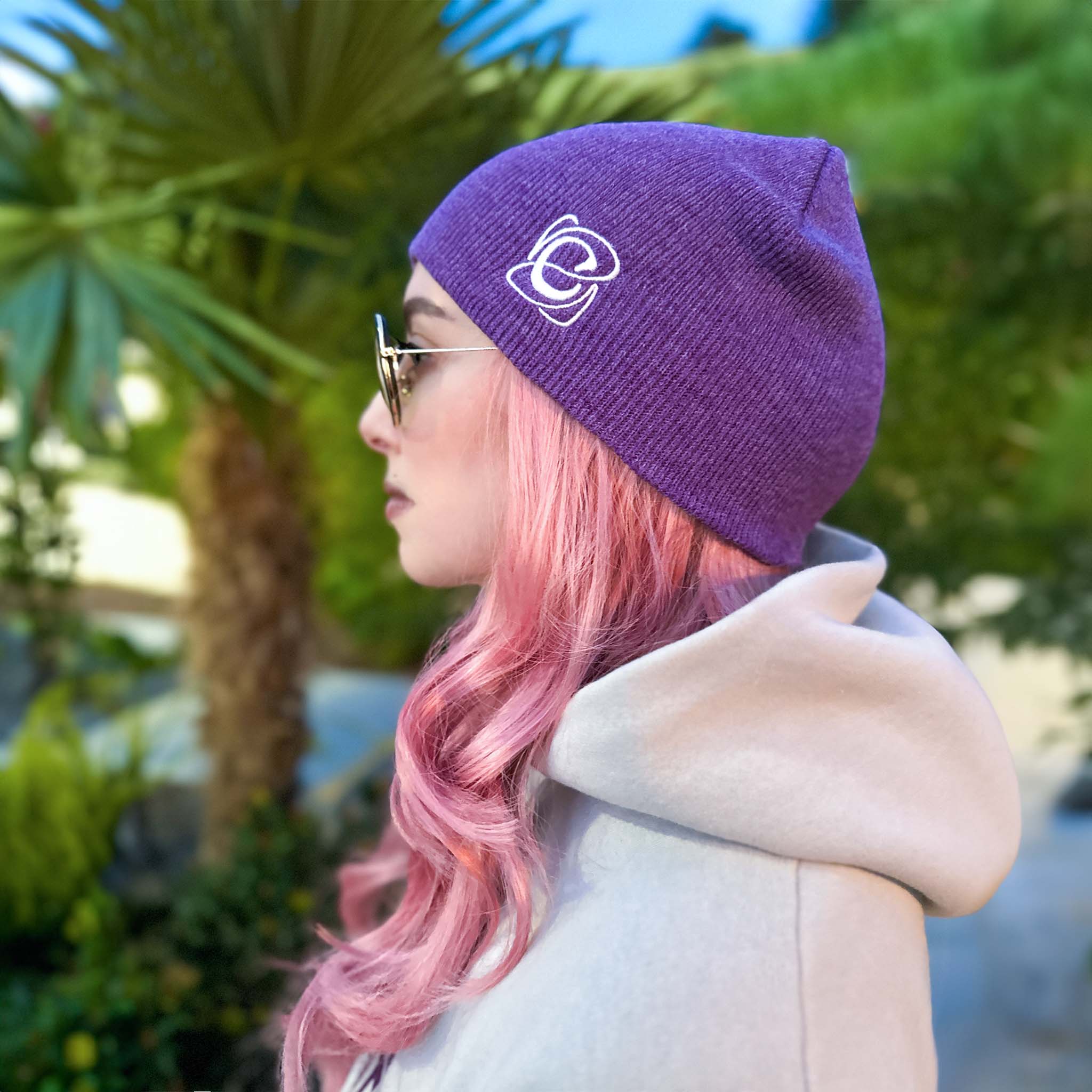 Celleste Heather Purple shorty beanie hat, with white "C" embroidered logo on the left side. 