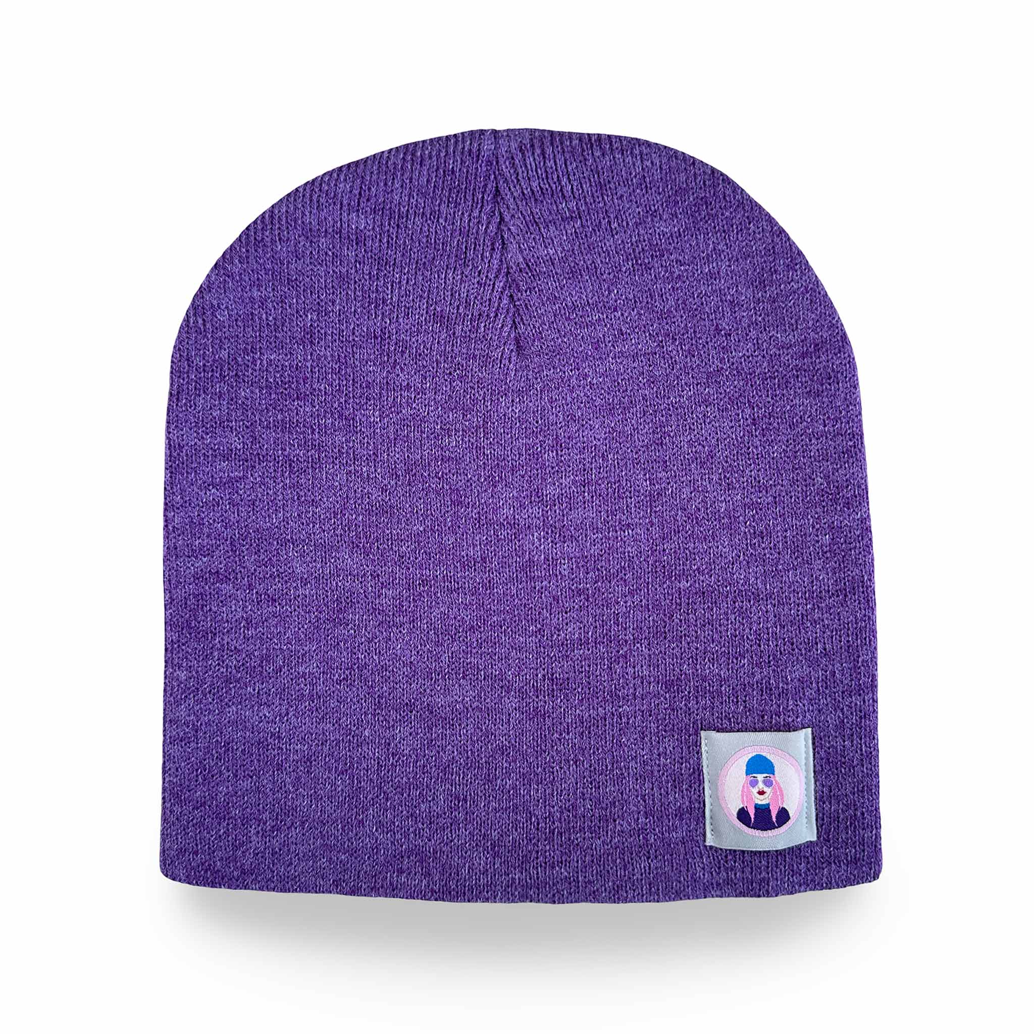 Celleste Heather Purple shorty knit beanie hat, with Signature "Avatar Tag” on the left side. 