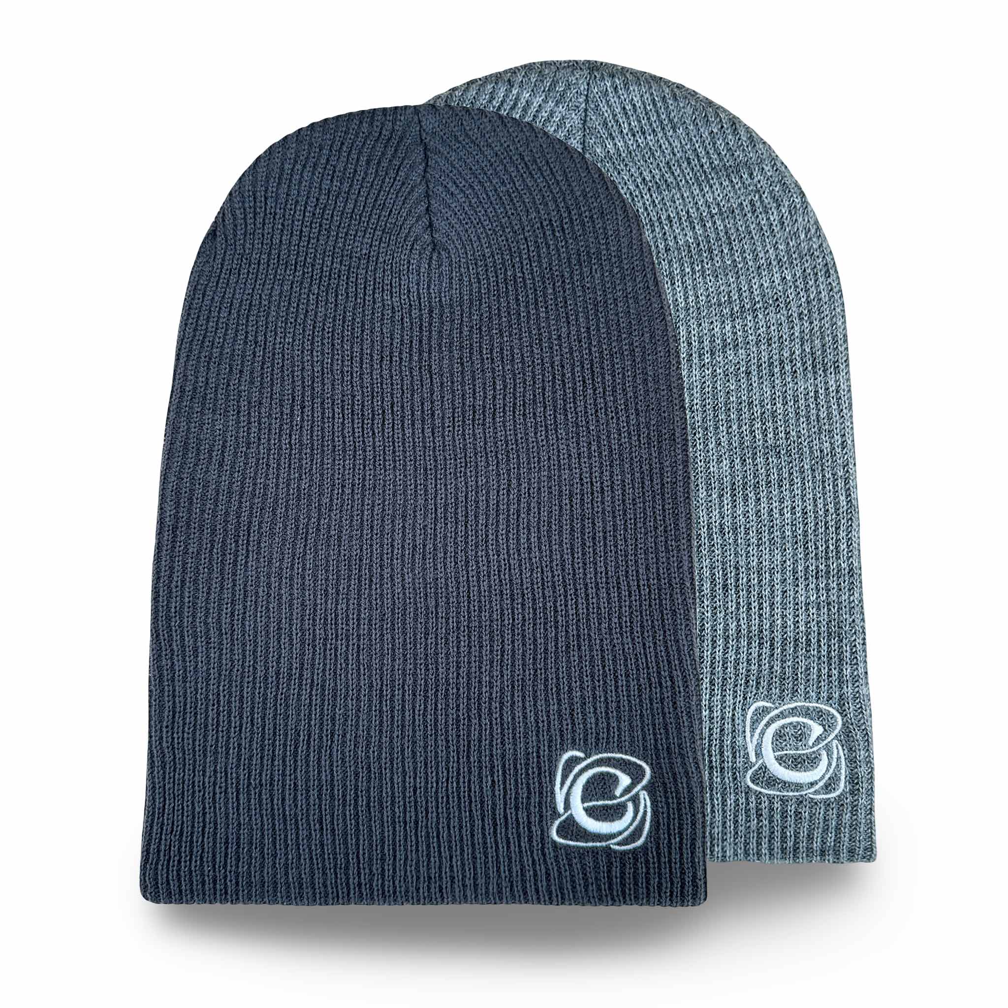 Celleste slouch beanie hats, with white "C" embroidered logo on the left side. Comes in Heather Gray and Vintage Charcoal color.