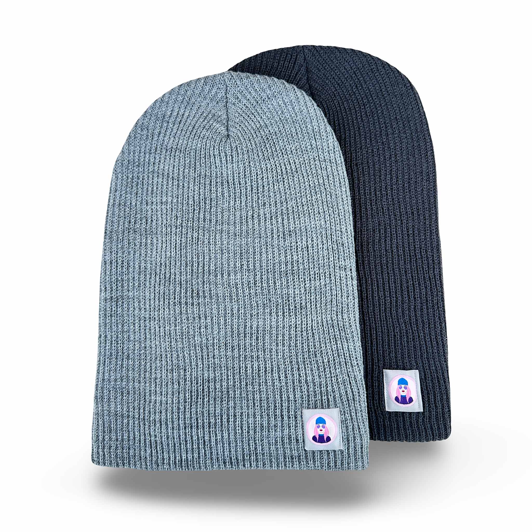 Celleste slouch beanie hats, with Signature "Avatar Tag” on the left side. Comes in Heather Gray and Vintage Charcoal color.