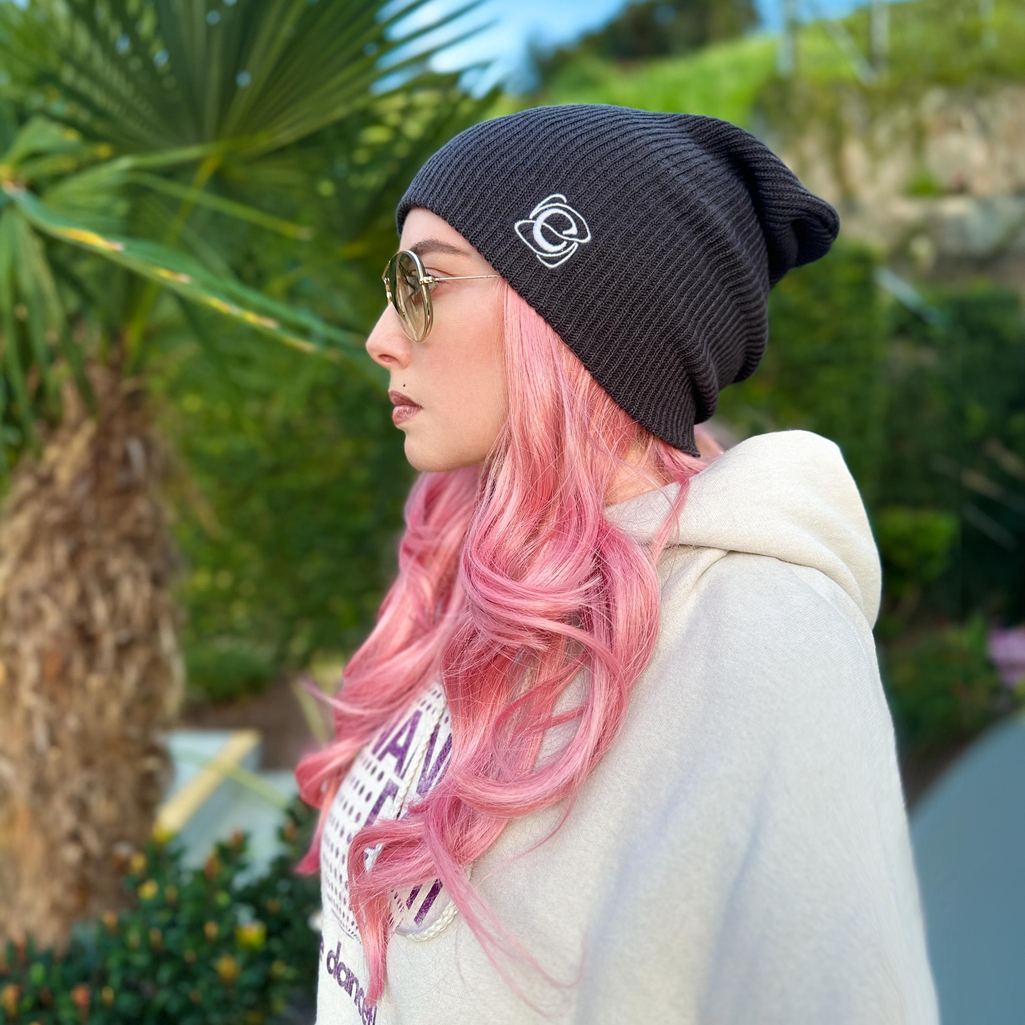 Celleste Vintage Charcoal slouch beanie hat, with white "C" embroidered logo on the left side.