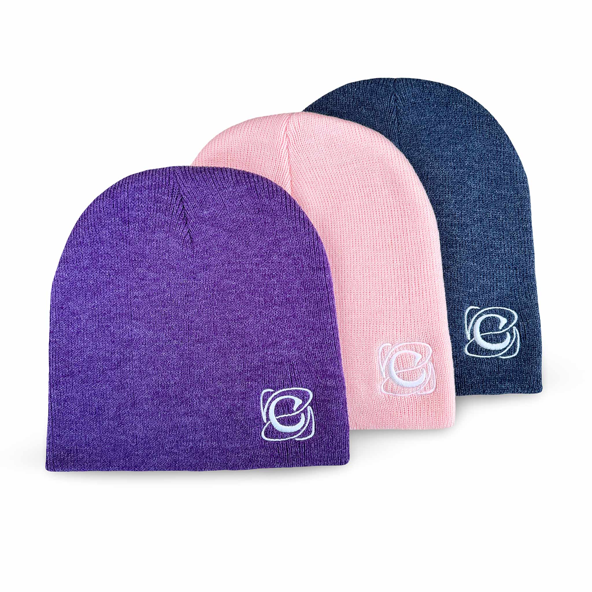 Celleste shorty beanie hats, with white "C" embroidered logo on the left side. Comes in Heather Purple, Heather Navy and Pink color.