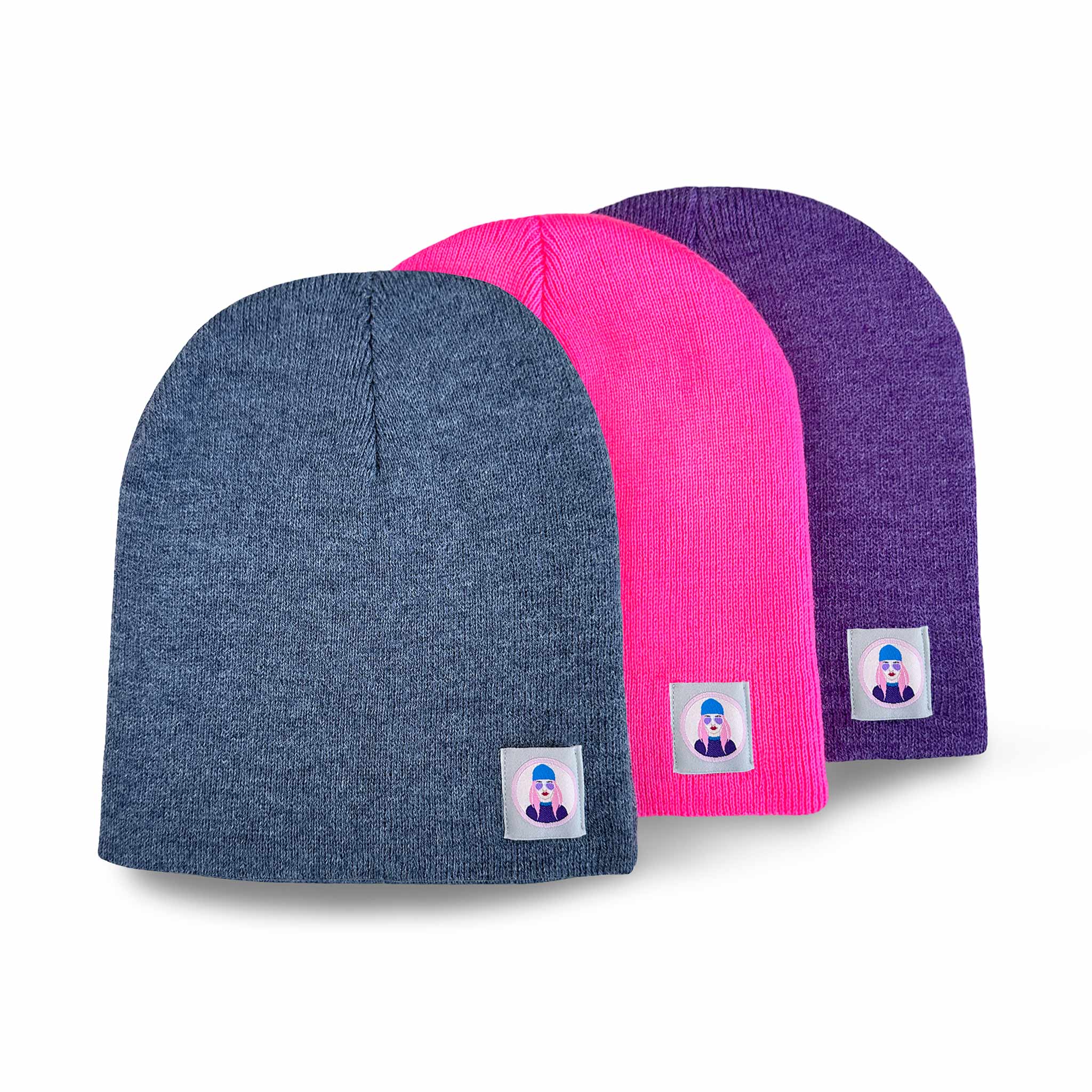 Celleste shorty knit beanie hats, with Signature "Avatar Tag” on the left side. Comes in Heather Navy, Heather Purple, and Neon Pink.