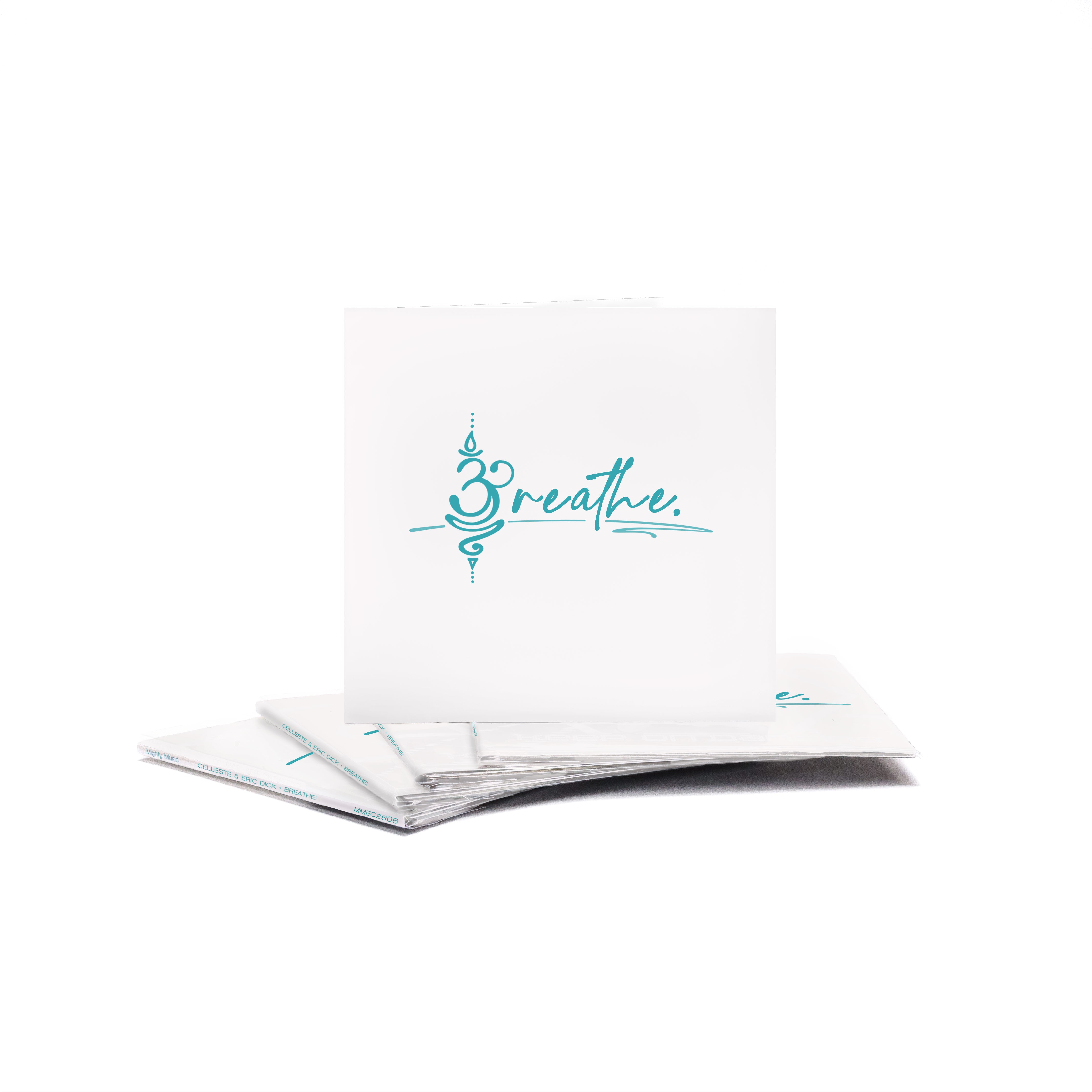 Breathe CD Cover. White background, aqua logo. Front view. 