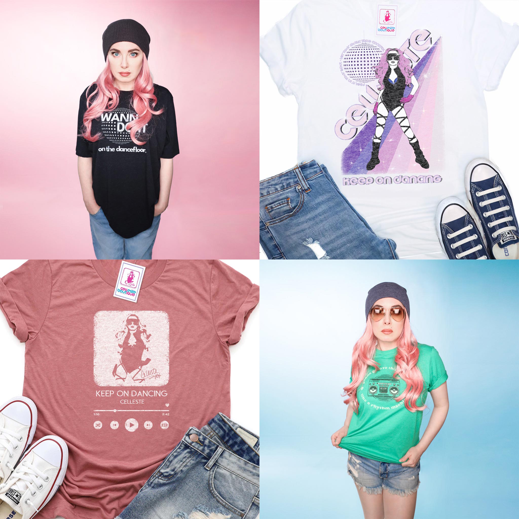 Celleste t-shirt options: Wanna Do It in Vintage Black, Celleste Rainbow Tee in White, Keep on Dancing Streaming Player in Mauve, and Groove Machine in Green.
