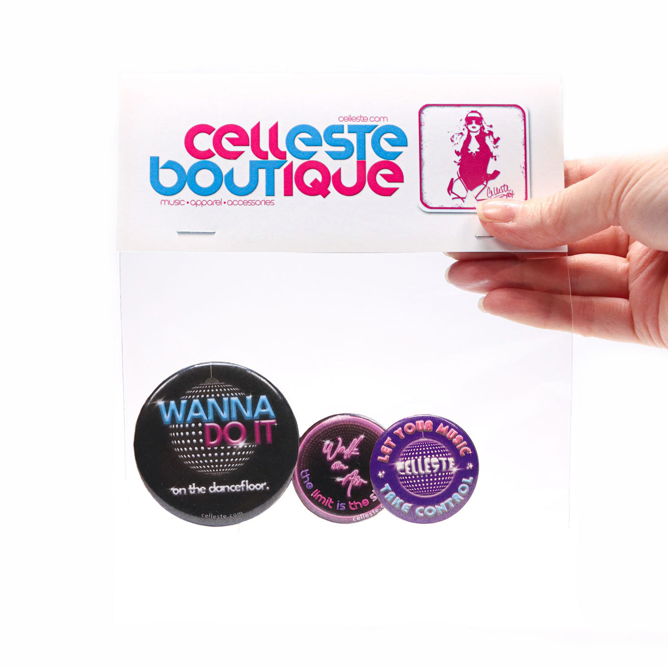 Celleste set of 3 buttons packaged in a transparent cellophane bag with Celleste Boutique header.