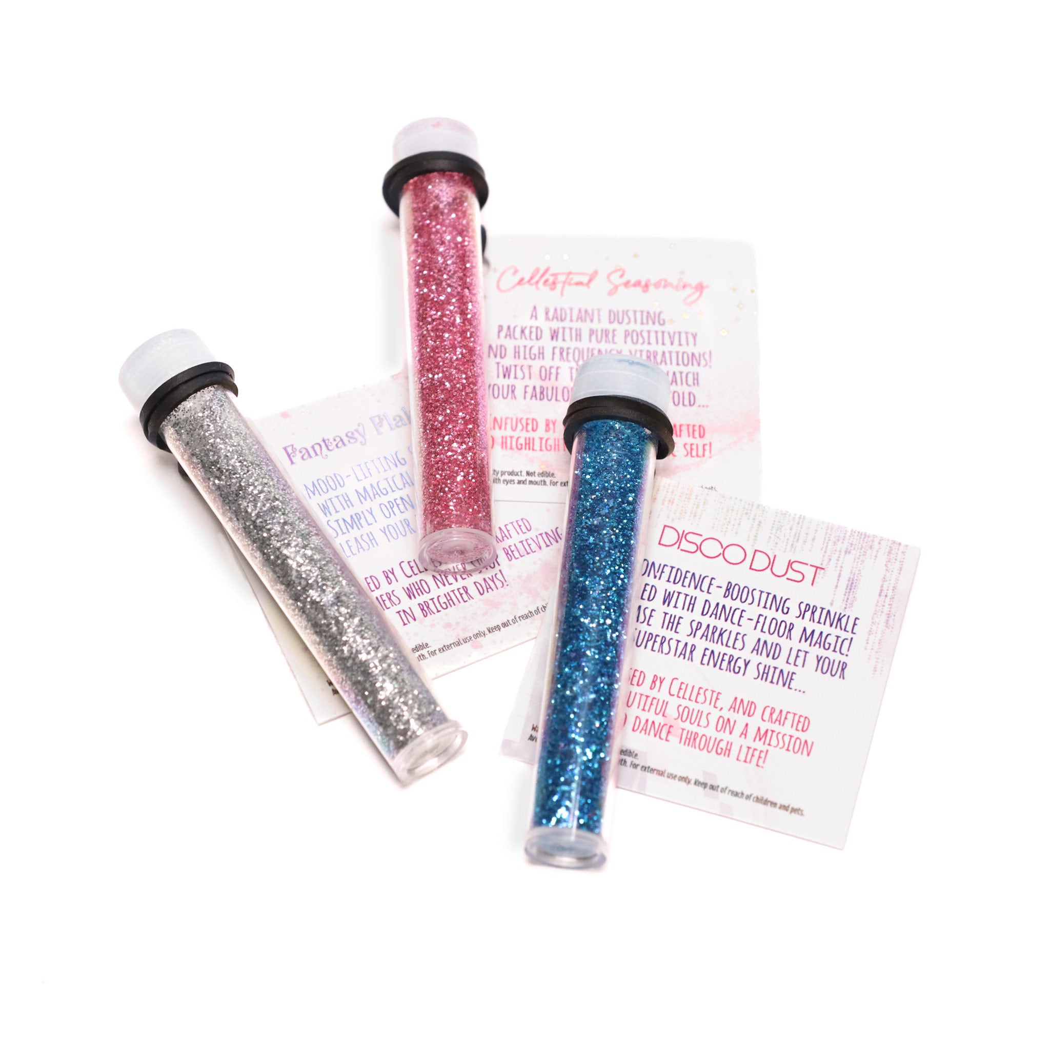 Celleste 3 glitter set with description tags.