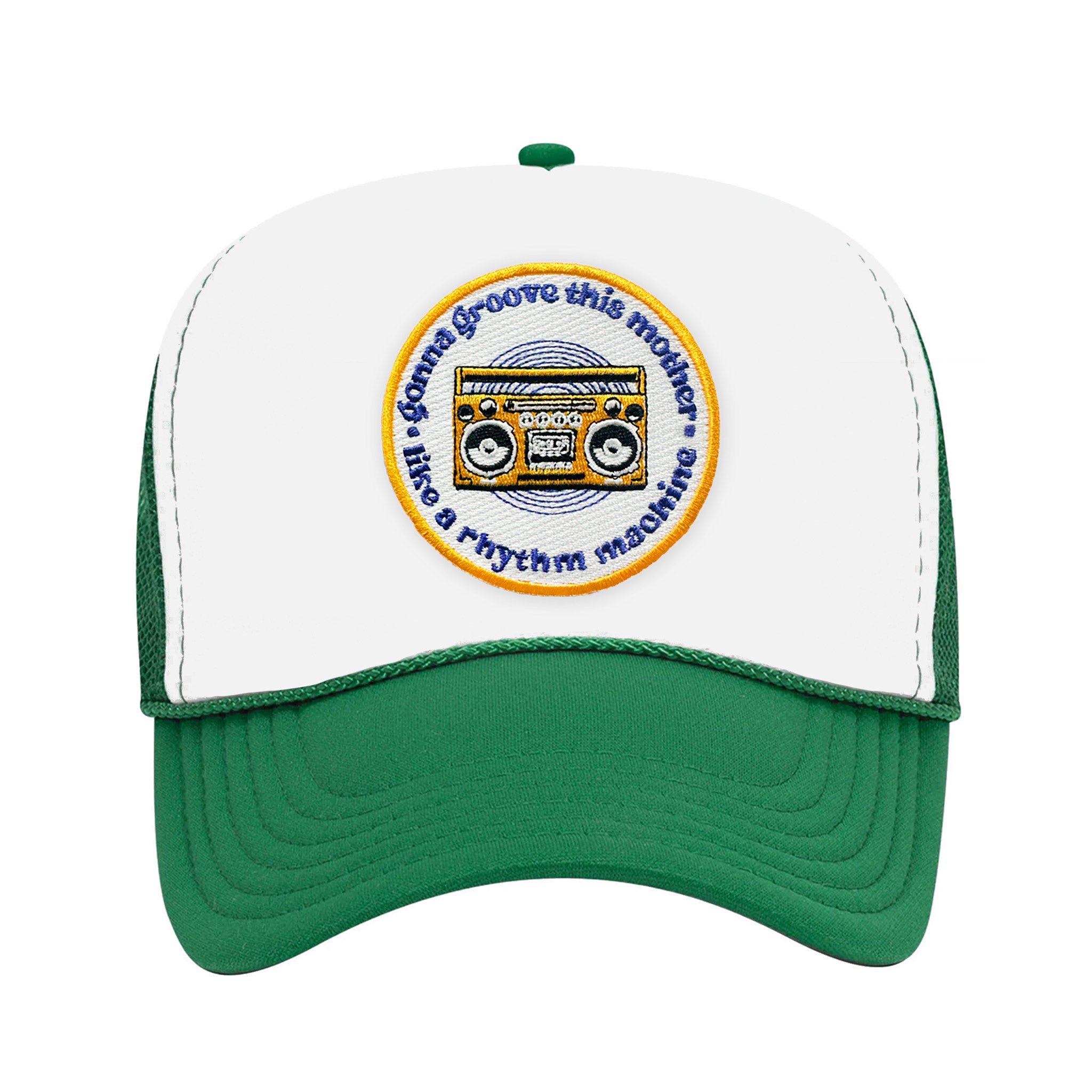 Celleste Green Groove Machine Trucker hat with embroidered patch in white, orange and blue. White hat, green beak, front view.