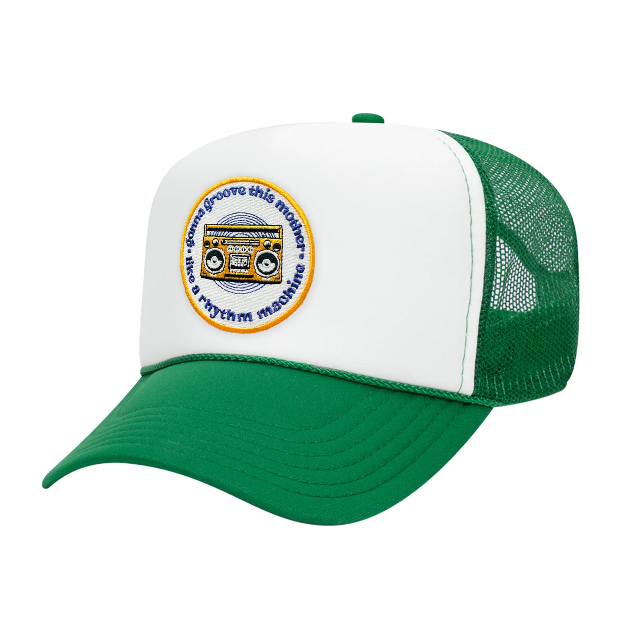 Celleste Green Groove Machine Trucker hat with embroidered patch in white, orange and blue. White hat, green beak, side view.