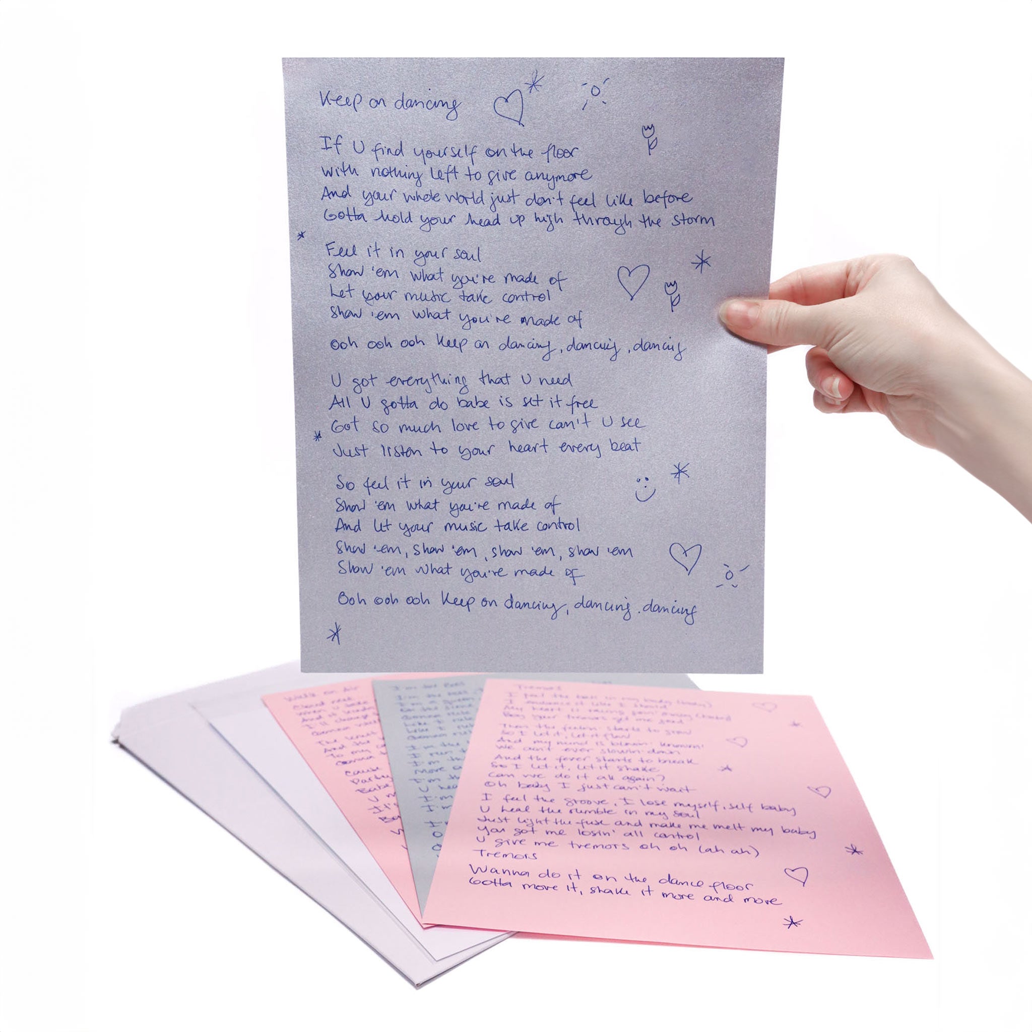 Celleste handwritten lyrics from Keep on Dancing EP (including songs: Keep on Dancing, Tremors, Walk on Air, and I'm the Boss) + personal message from Celleste.