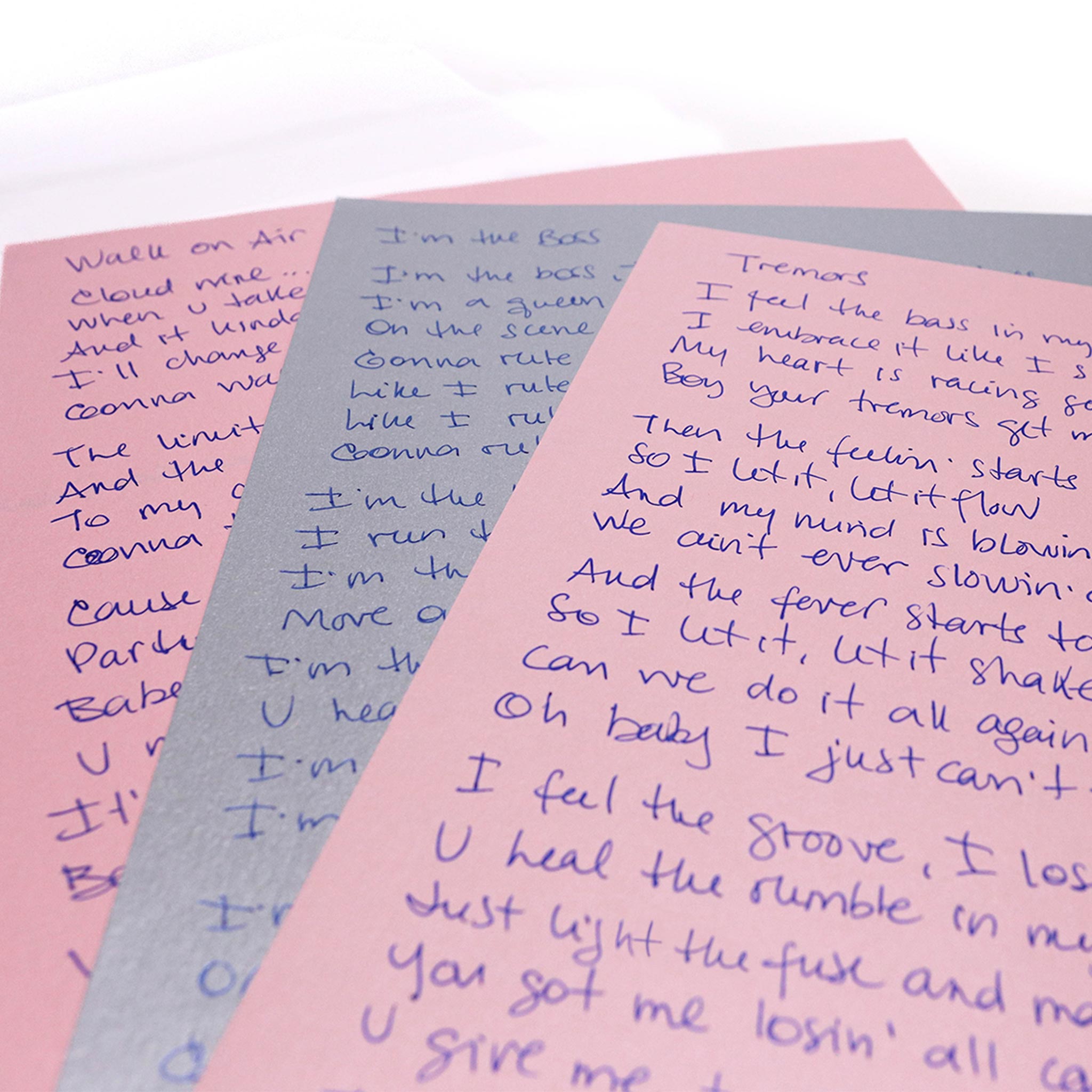 Celleste handwritten lyrics from Keep on Dancing EP (including songs: Keep on Dancing, Tremors, Walk on Air, and I'm the Boss) + personal message from Celleste.