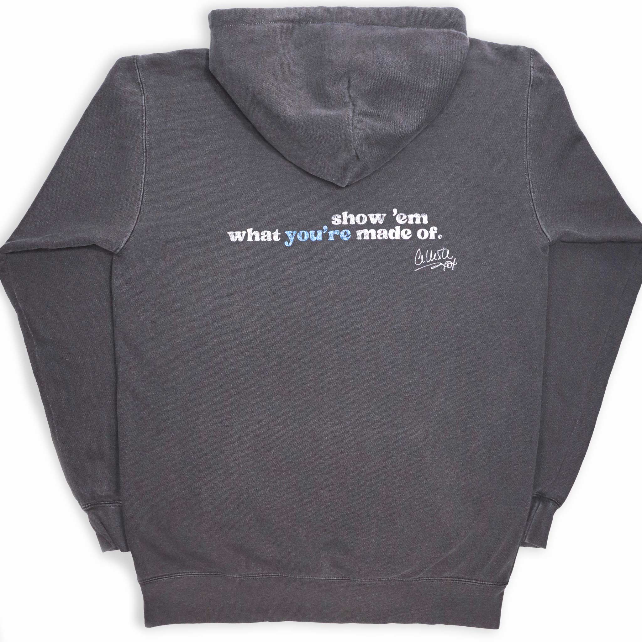 Celleste Keep on Dancing Vintage Black Hoodie with white and blue logo. Back view.