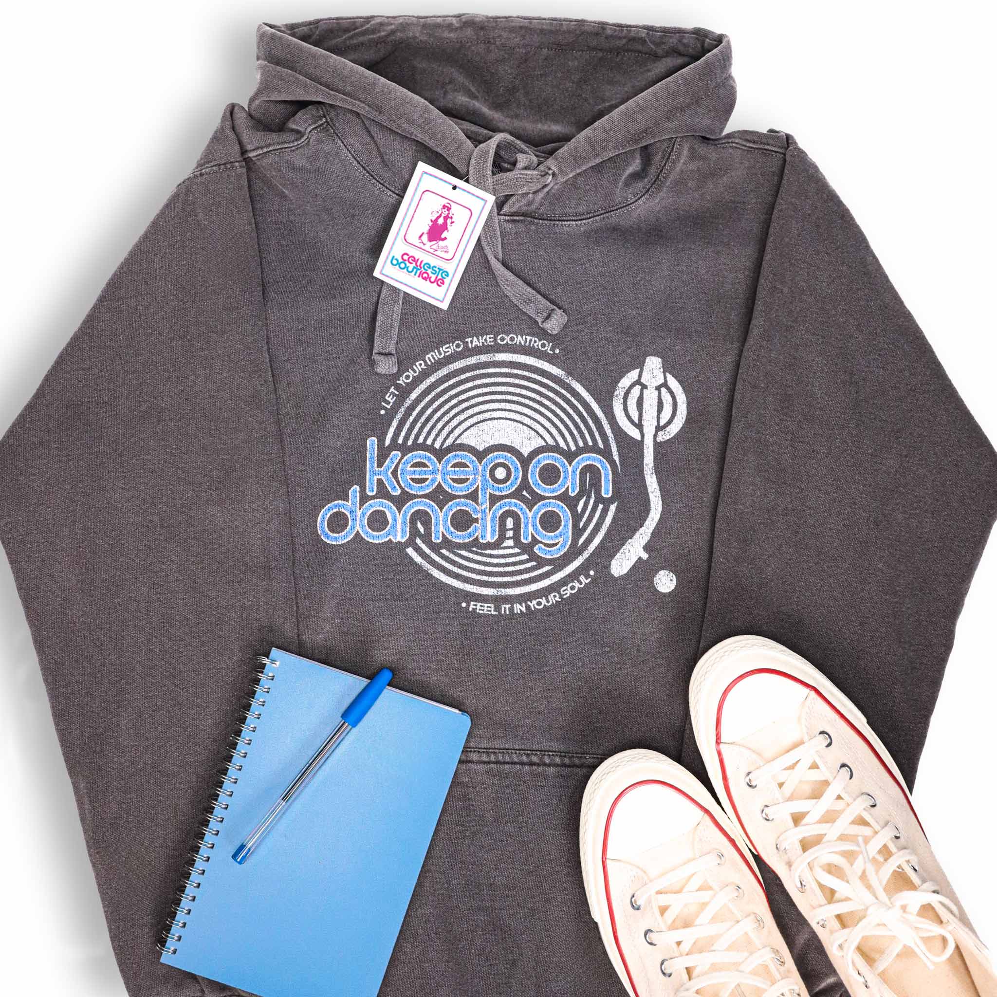 Celleste Keep on Dancing Vintage Black Hoodie with white and blue logo.