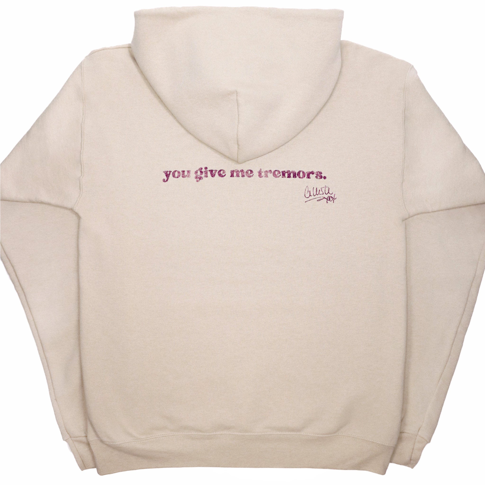 Celleste Wanna Do it Hoodie with purple logo. Sand color, back.