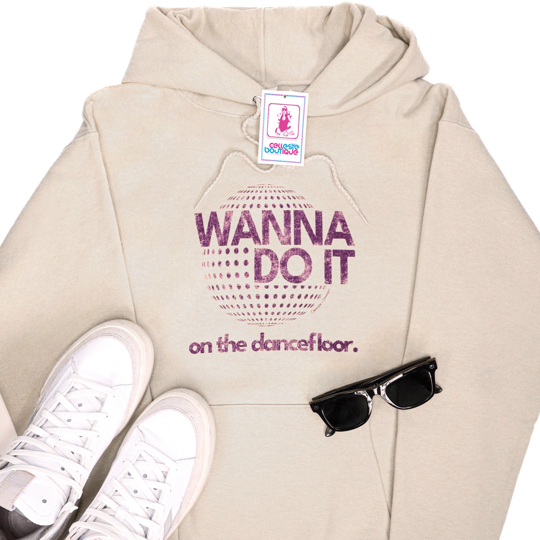Celleste Wanna Do it Hoodie with purple logo. Sand color.