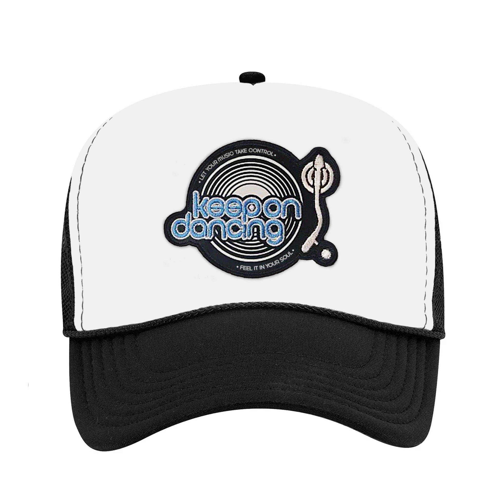 Celleste Keep on Dancing Trucker hat with embroidered black, white and blue patch. White hat, black beak, front view.