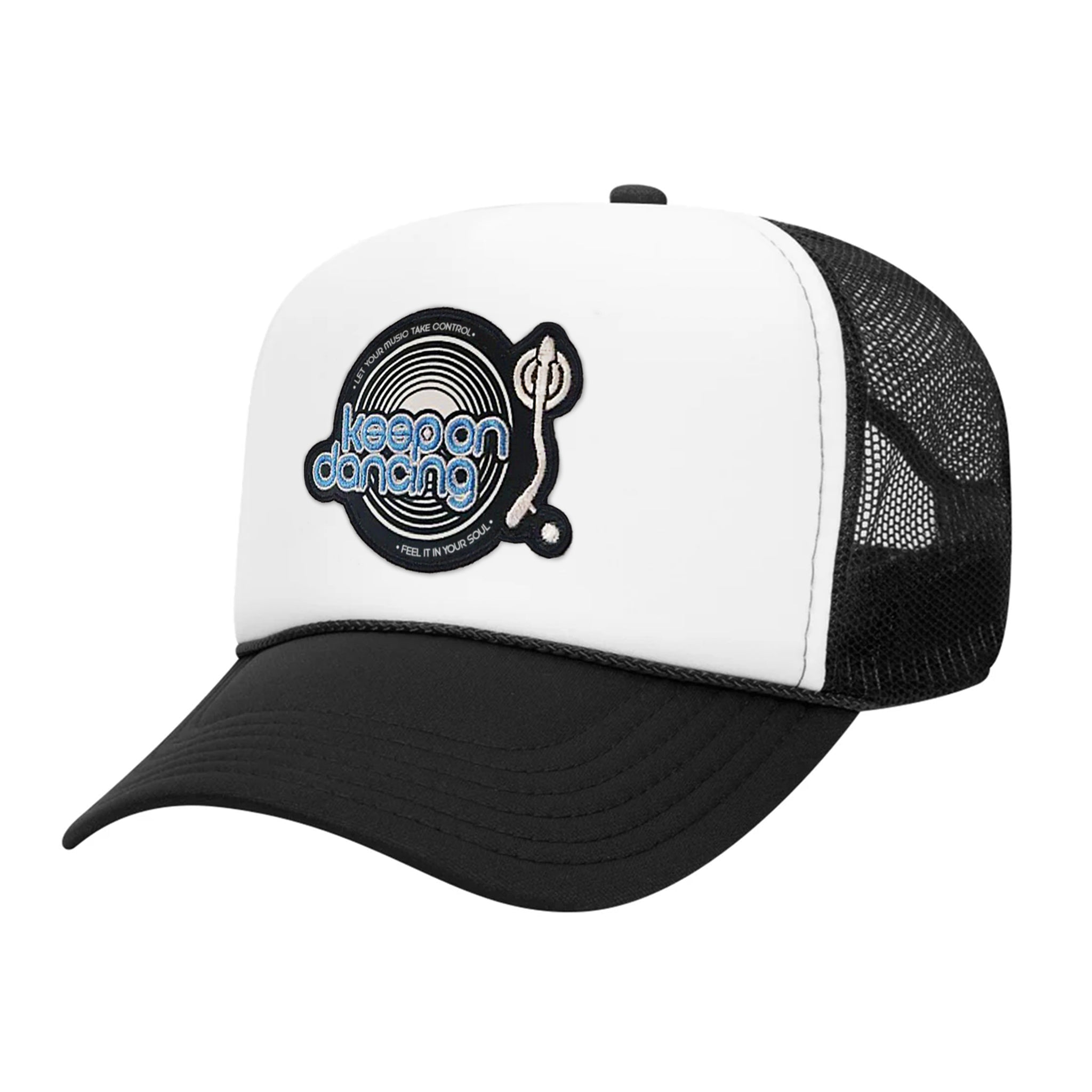 Celleste Keep on Dancing Trucker hat with embroidered black, white and blue patch. White hat, black beak, side view.