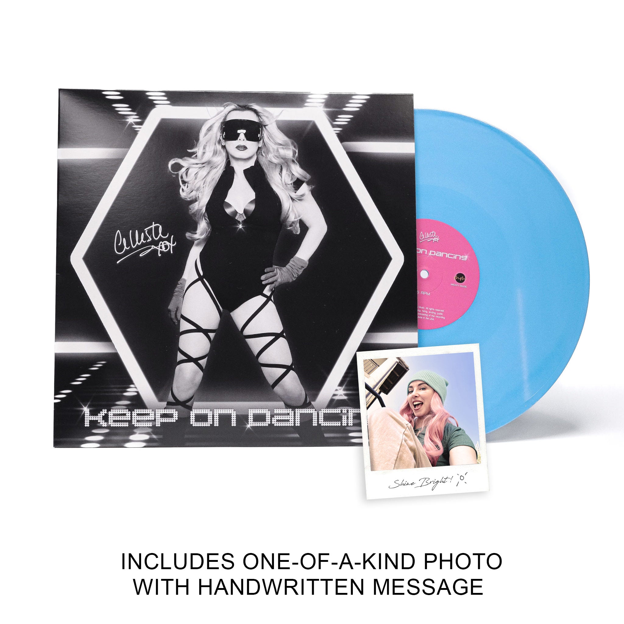 Celleste Keep on Dancing vinyl, front cover with aqua color record. One-of-a-kind photo with handwritten message from Celleste.