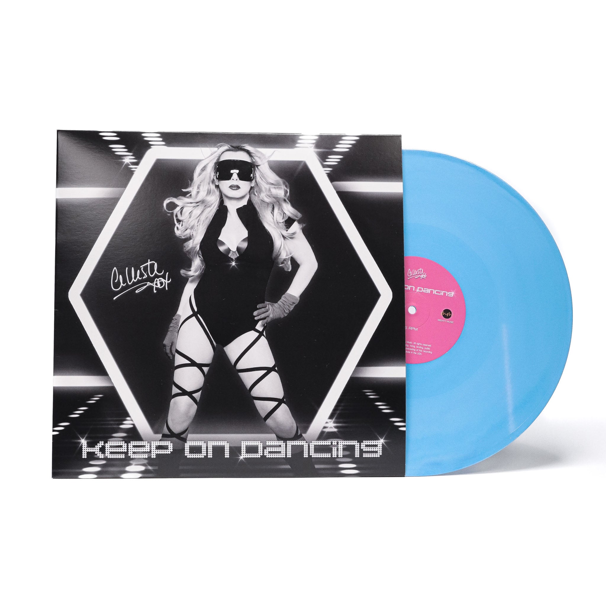 Celleste Keep on Dancing vinyl, front cover with aqua color record.