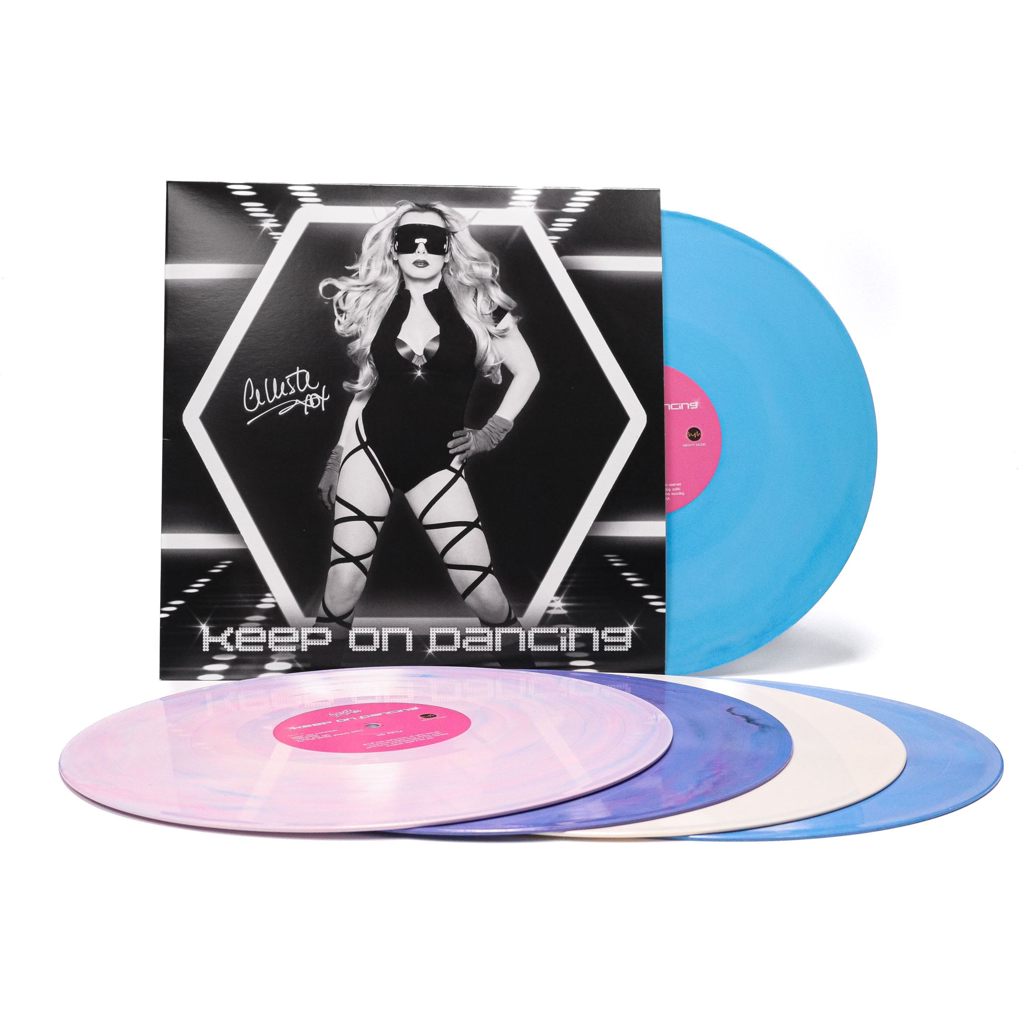 Celleste Keep on Dancing vinyl front cover. Showing record in various colors (aqua,pink,purple,white,blue).