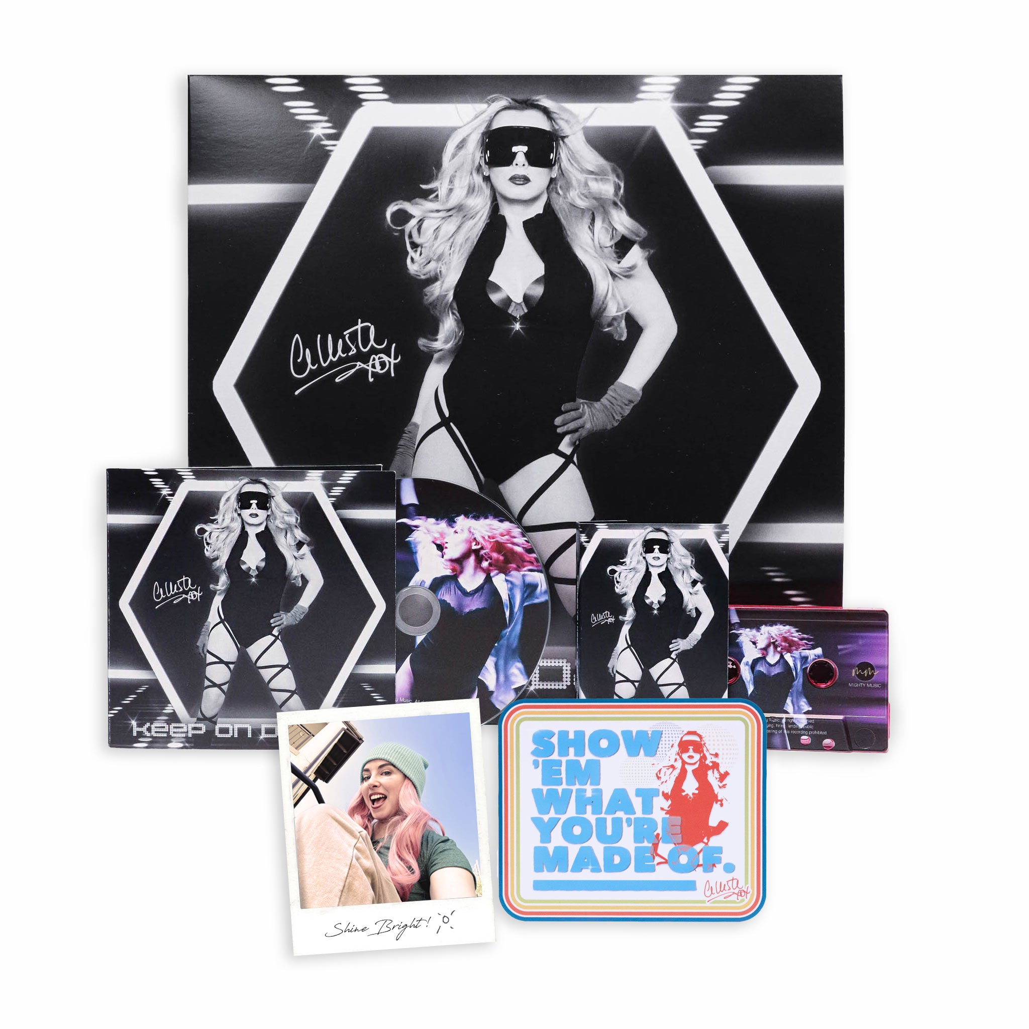 Celleste Keep on Dancing Deluxe Music Bundle, with autographed vinyl, Cd and cassette. Also includes magnet and one of a kind polaroid style photo with message from Celleste.