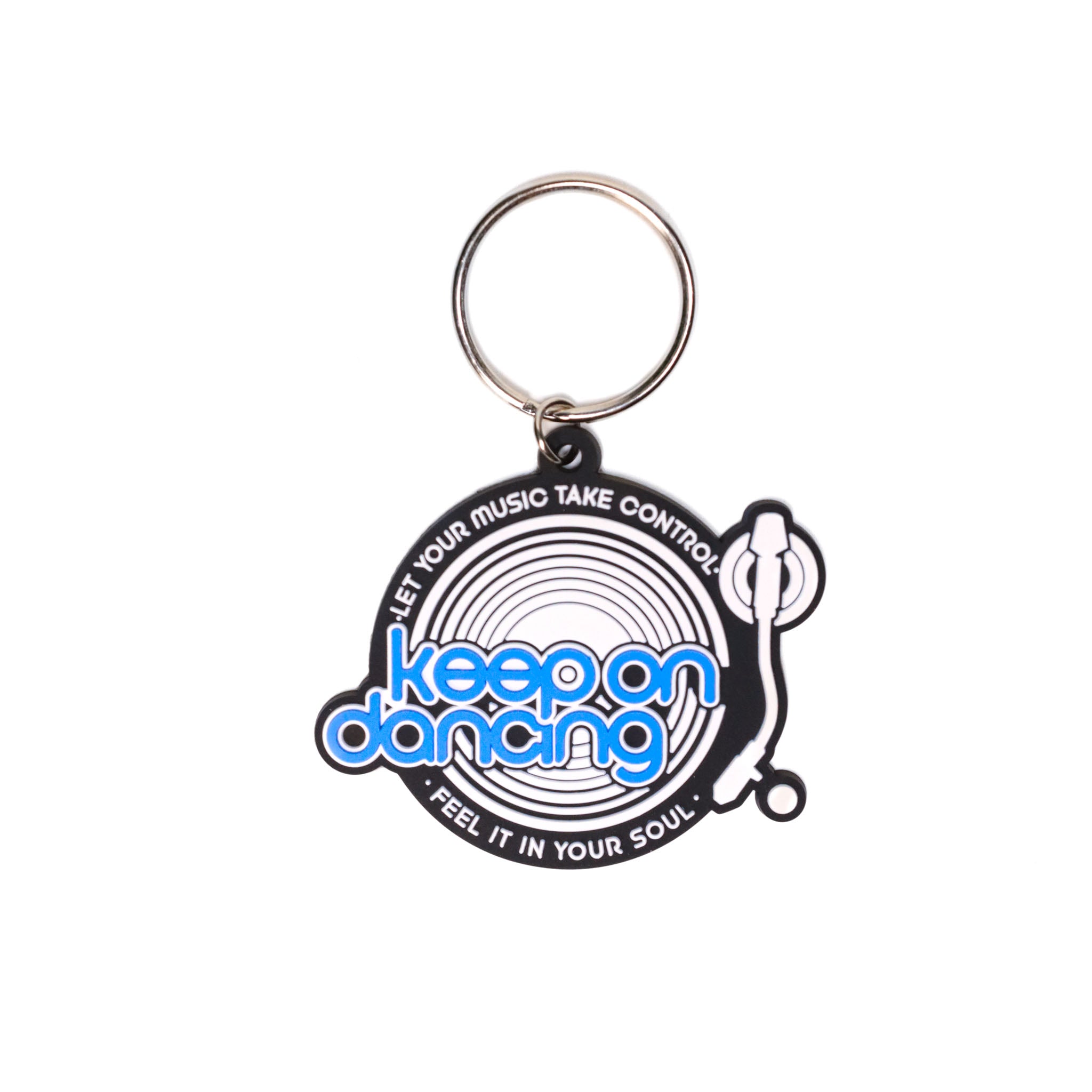 Celleste Keep on Dancing black, white and blue logo keychain 