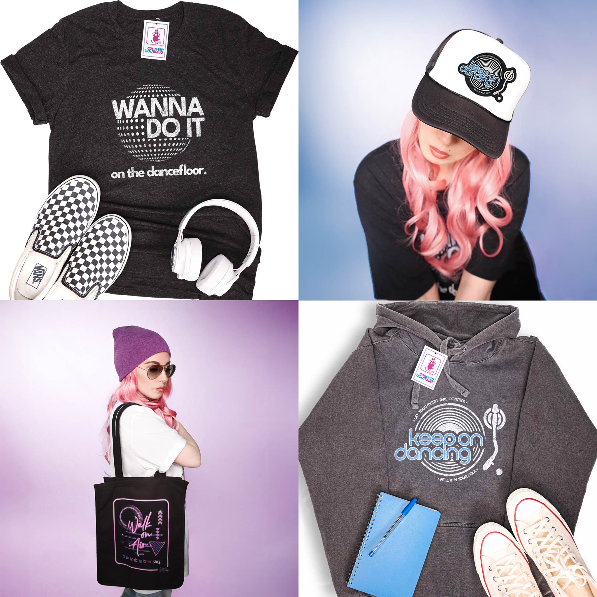 Celleste Mix-and-Match options: T-shirts, Hoodies, Hats, and totes.