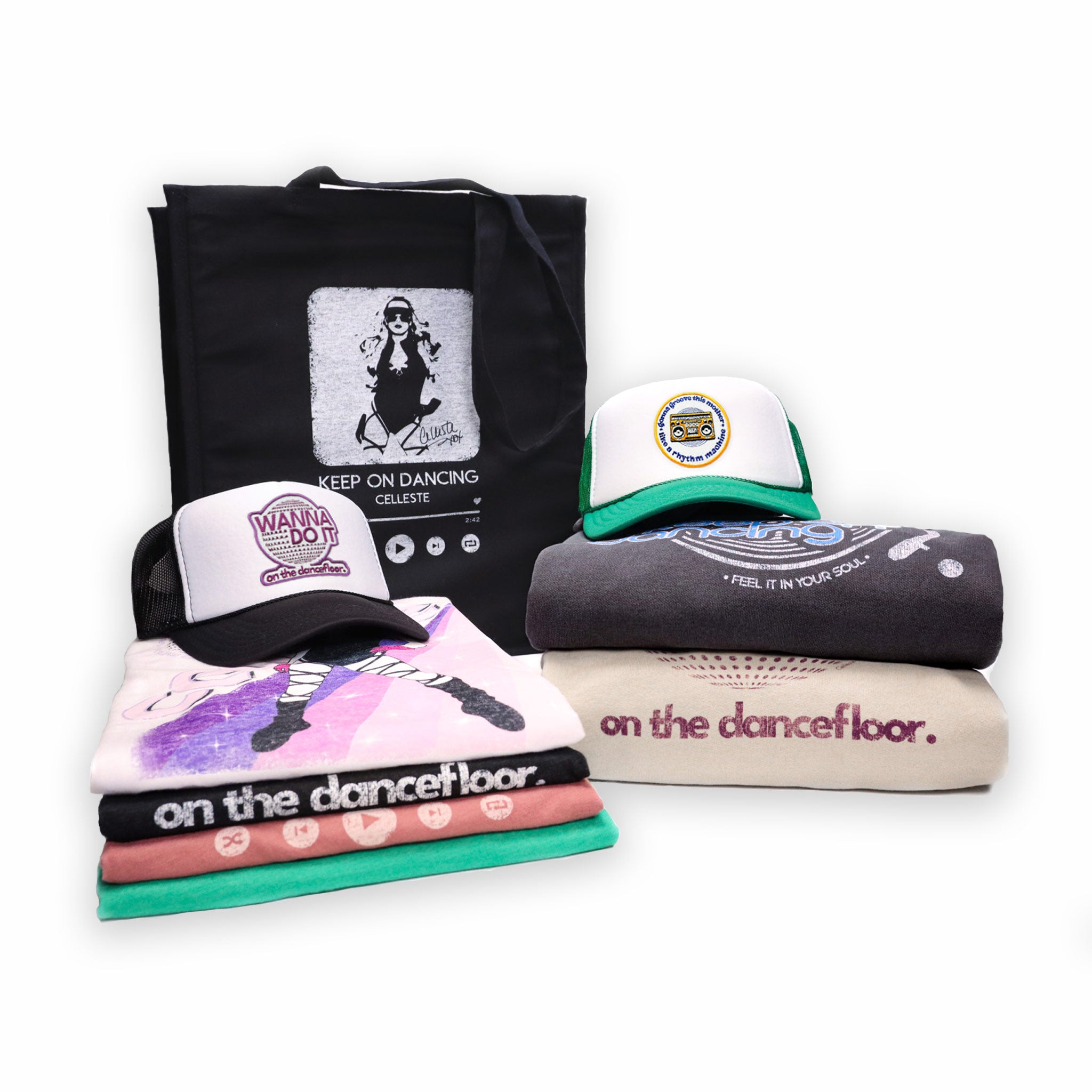 Celleste Mix and Match Bundle featuring hoodies, tees, hats, and totes.