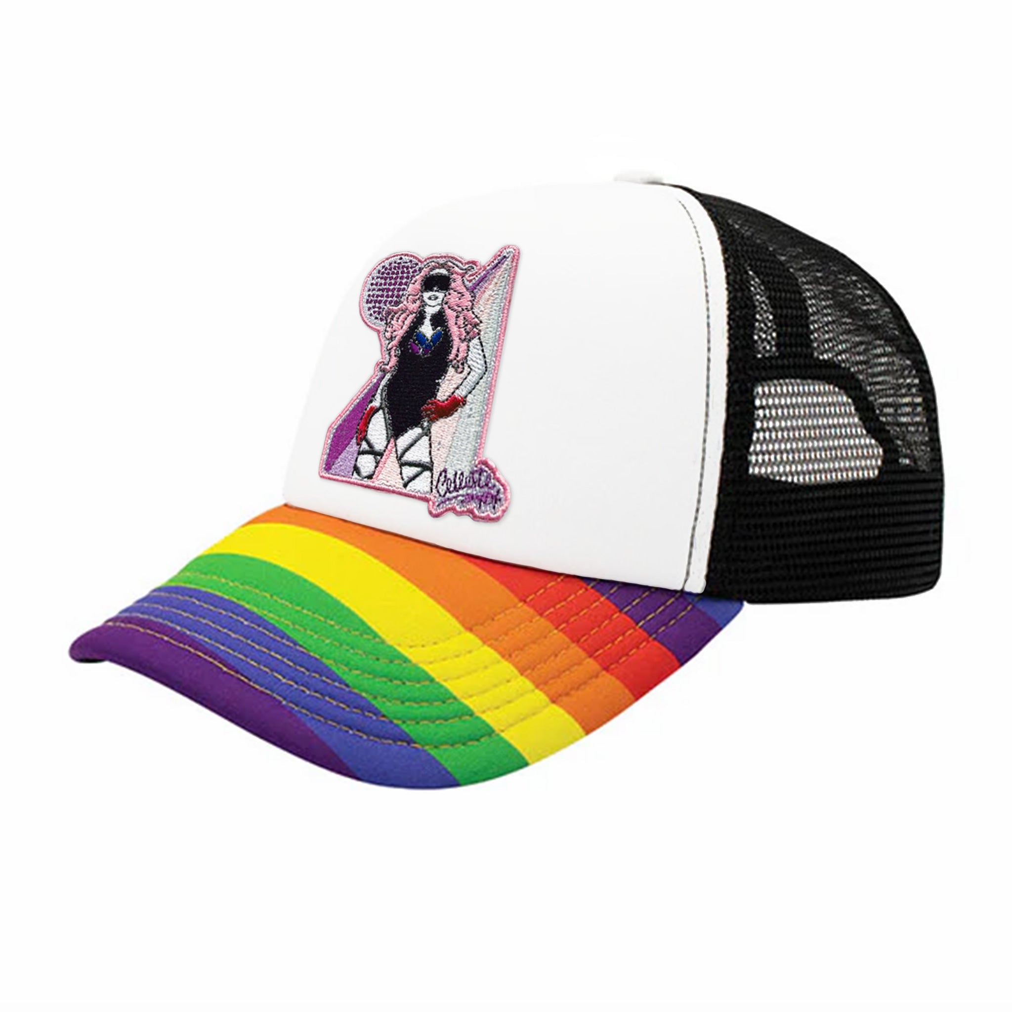 Celleste Rainbow Trucker Hat with embroidered Celleste patch. Black and white hat, rainbow beak, side view.