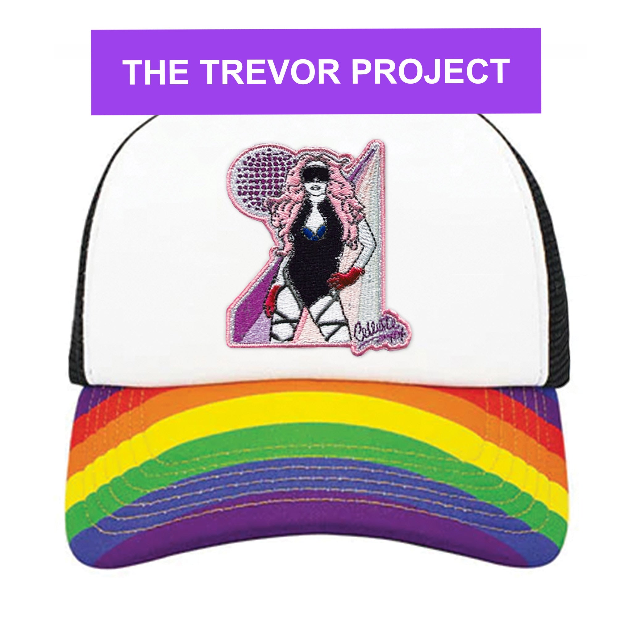 Celleste Rainbow Trucker Hat with embroidered Celleste patch. Black and white hat, rainbow beak, front view. Part of the Trevor Project.