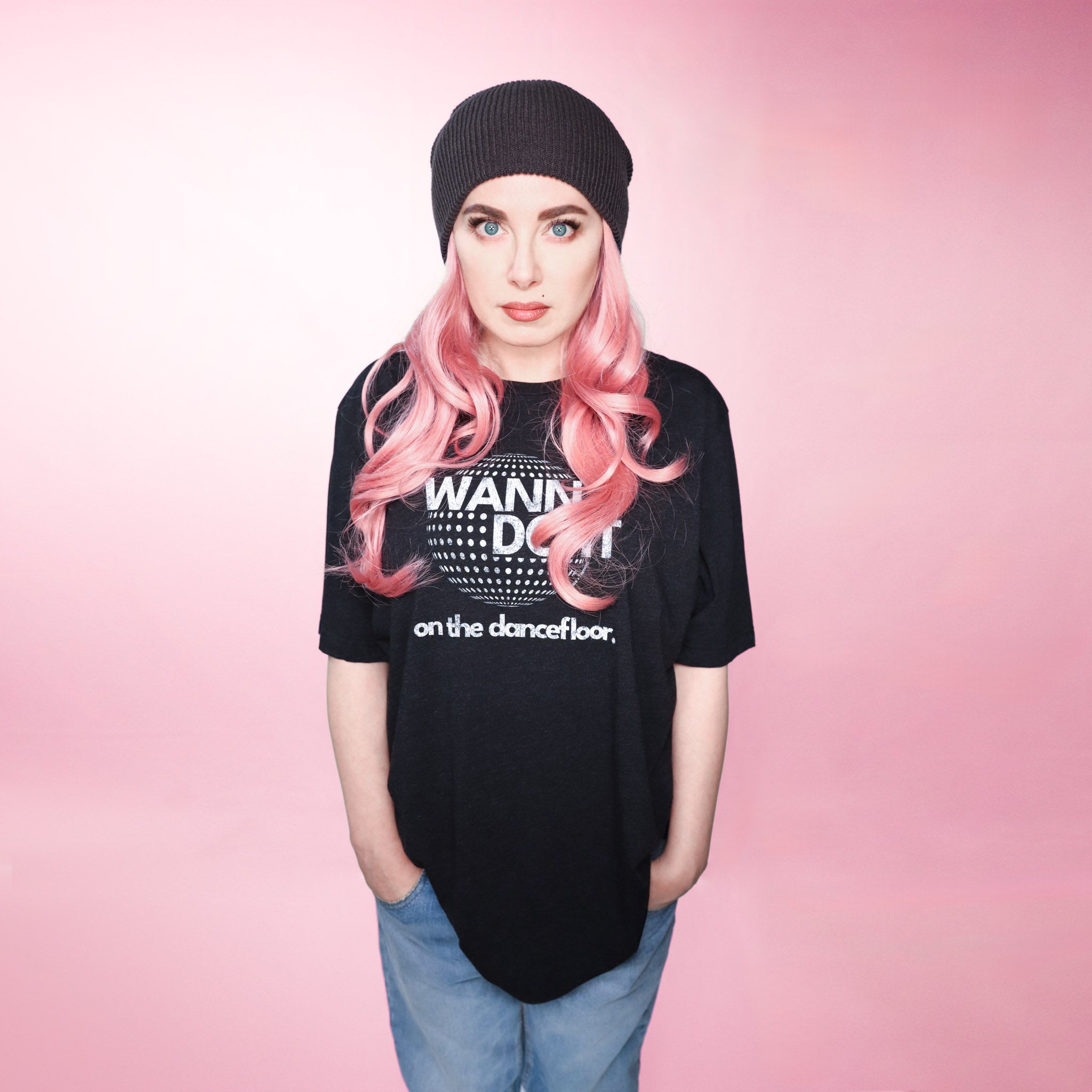 Celleste Charcoal Black Wanna Do It Tee with white logo. Size 2XL.