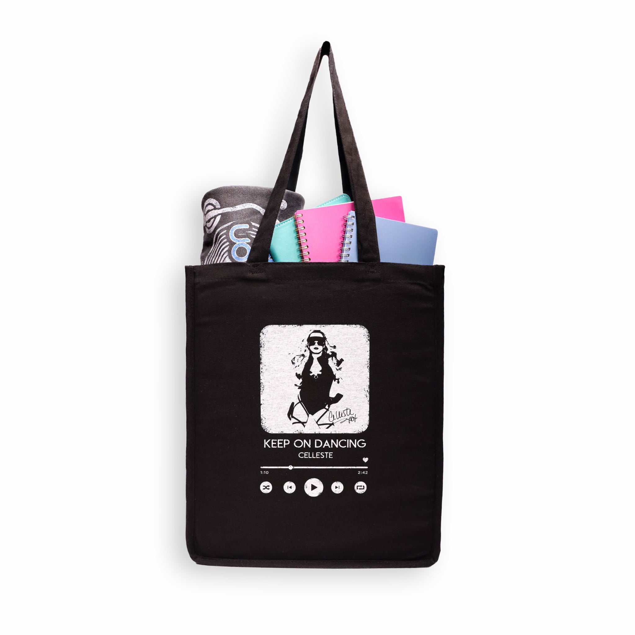 Celleste Keep on Dancing Black Tote Bag with white logo. Front view.