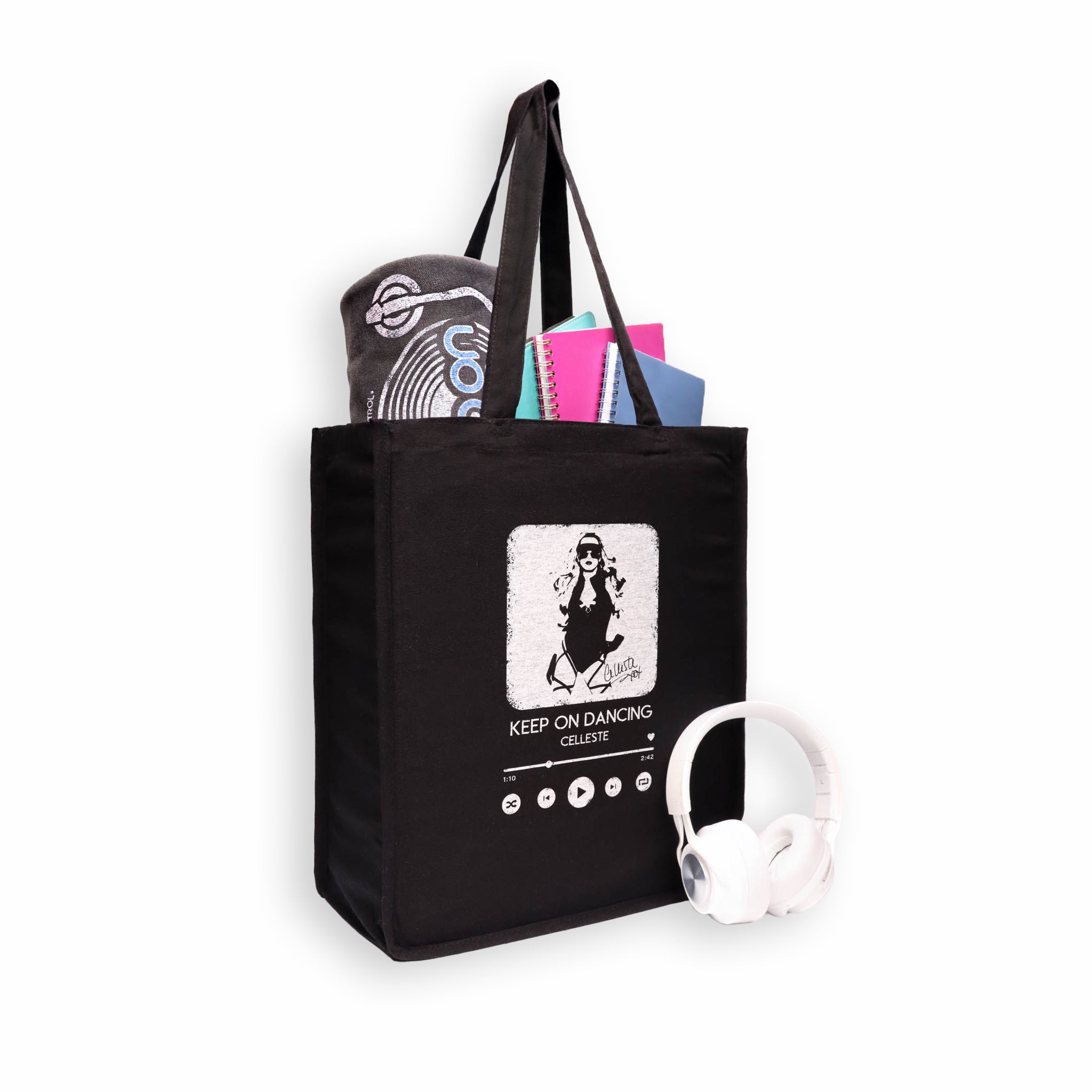 Celleste Keep on Dancing Black Tote Bag with white logo. Angled view.